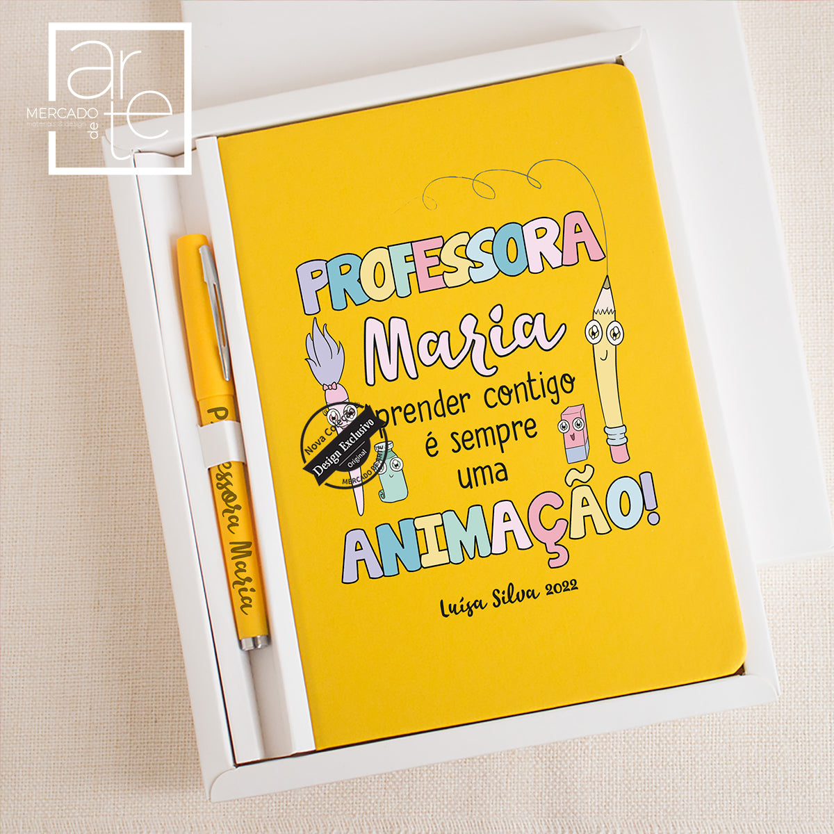 Conjunto bloco e caneta "Aprender contigo é uma animação"