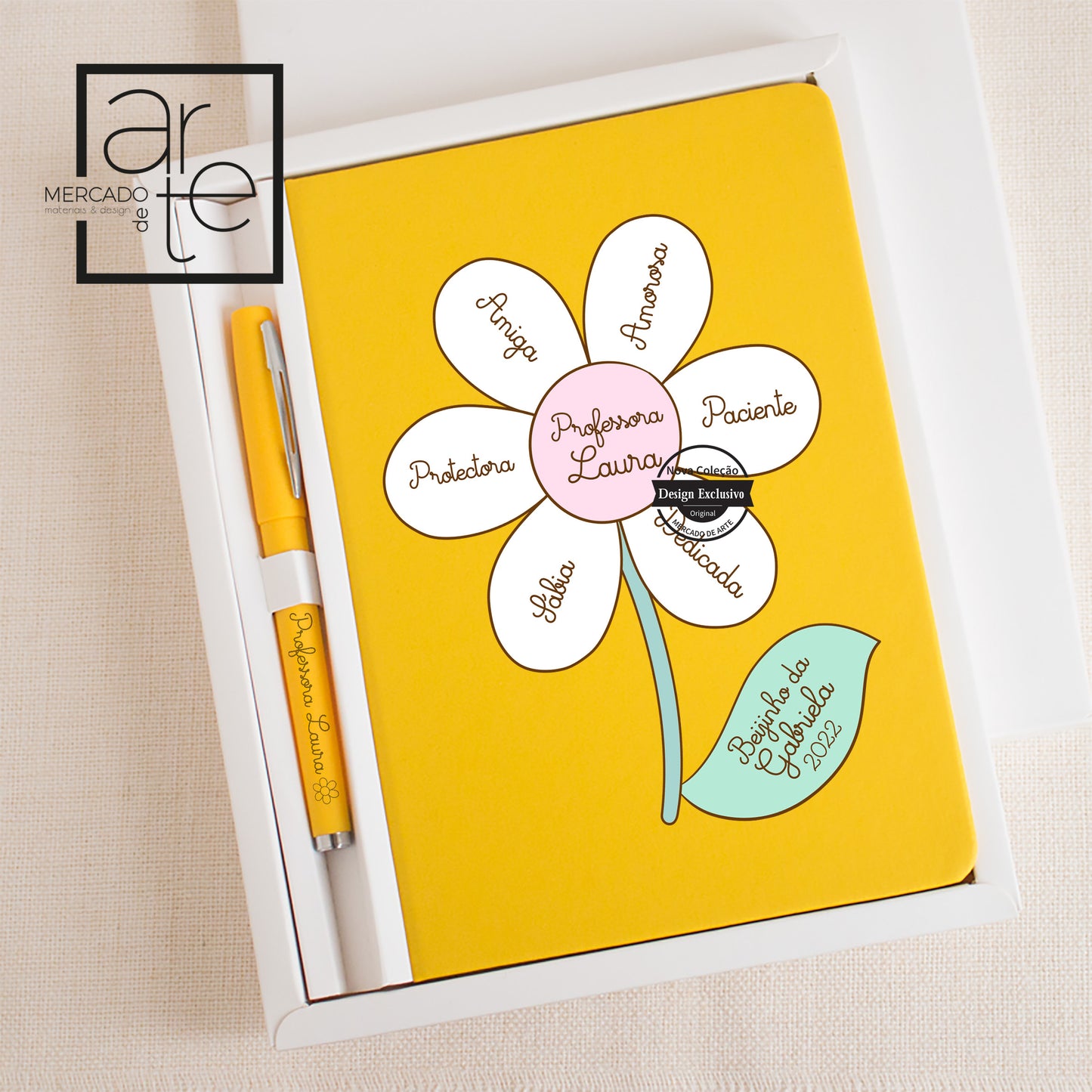 Conjunto bloco e caneta flor "Professora"