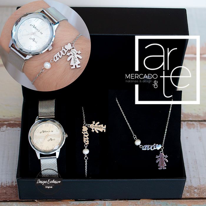 Conjunto "Avó" relógio + pulseira + fio ( Prateado)