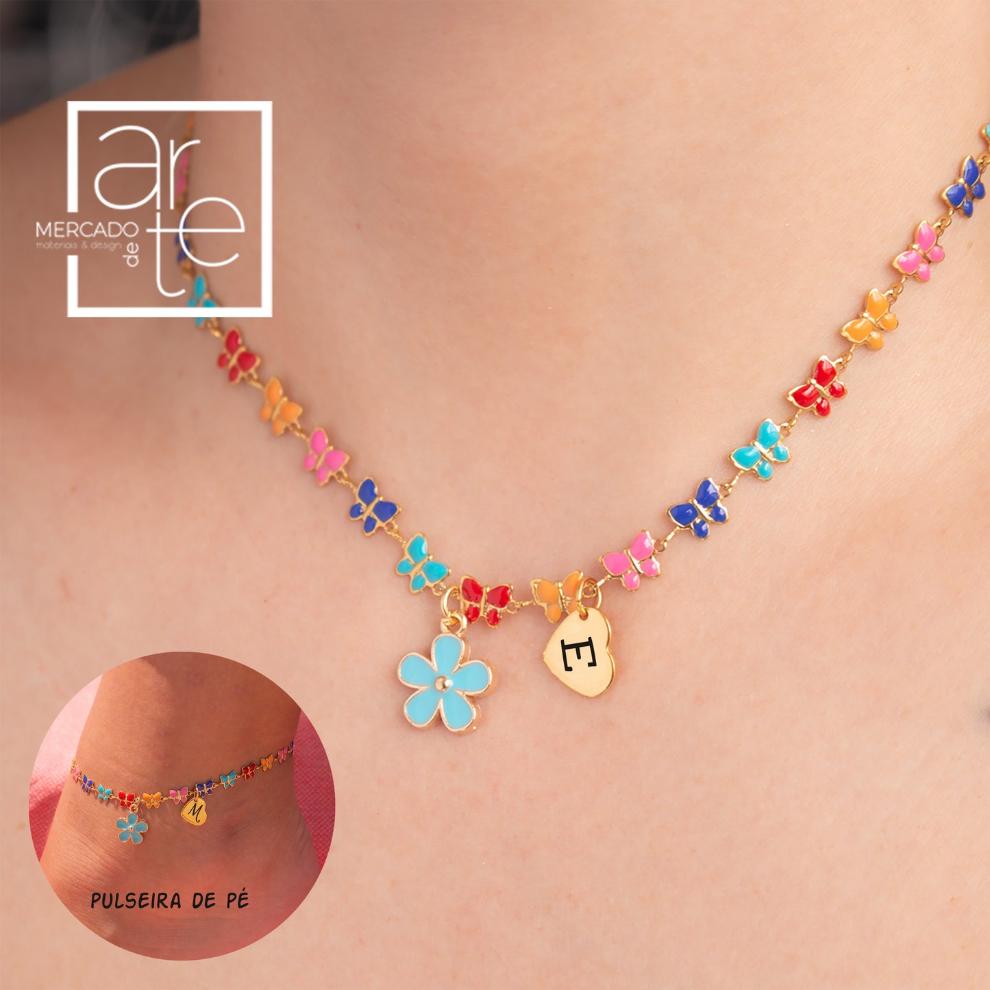 Fio e/ou pulseira de pé " Borboletas coloridas"