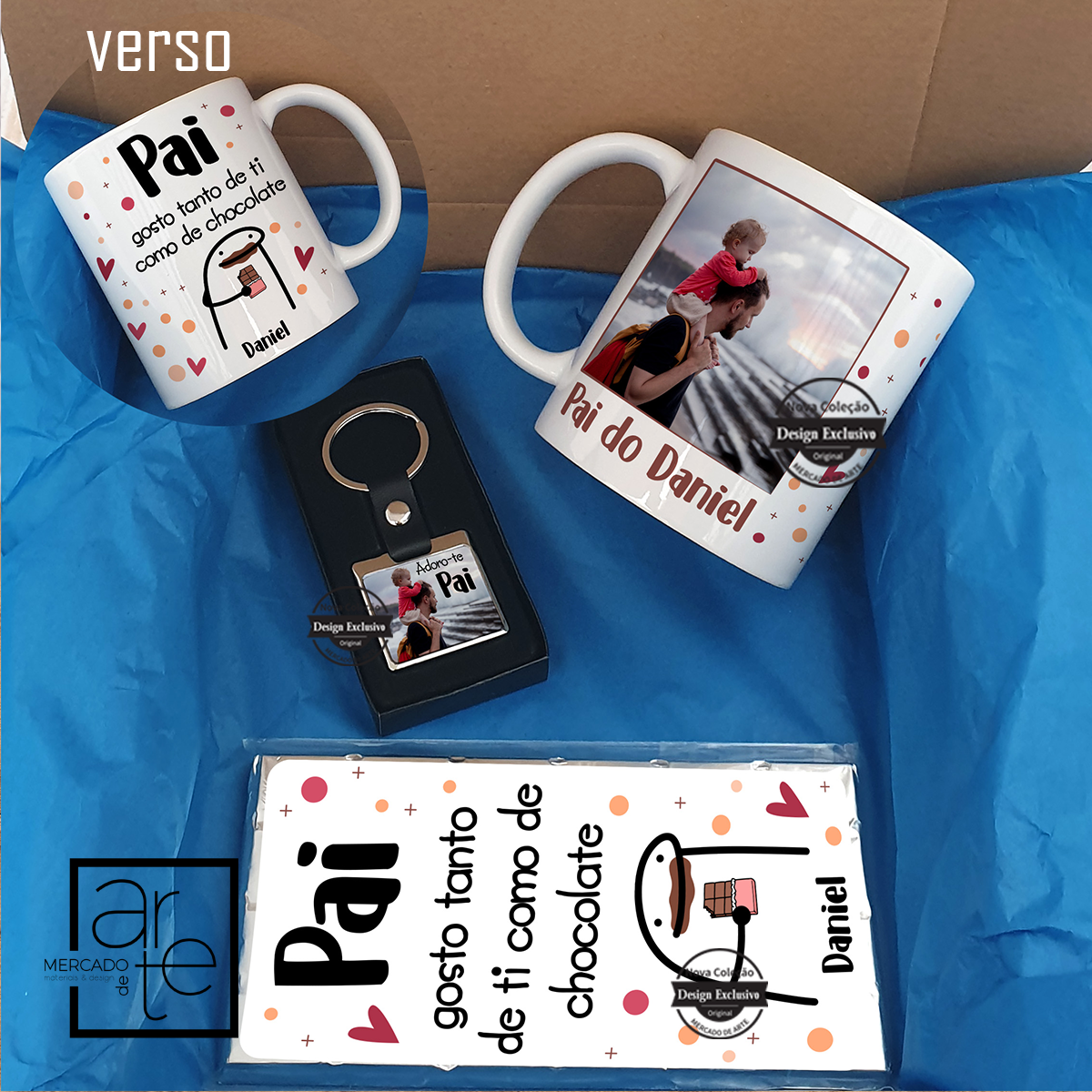 Mais um dos nossos conjuntos que têm sido um sucesso e este inclui um extra para os mais gulosos! Conjunto composto por: Caneca de cerâmica com fotografia, porta-chaves com fotografia em aço inóx e tablete de chocolate. Caixa de oferta incluída. Pode personalizar com o texto que desejar. Surpreenda com um presente personalizado por si!