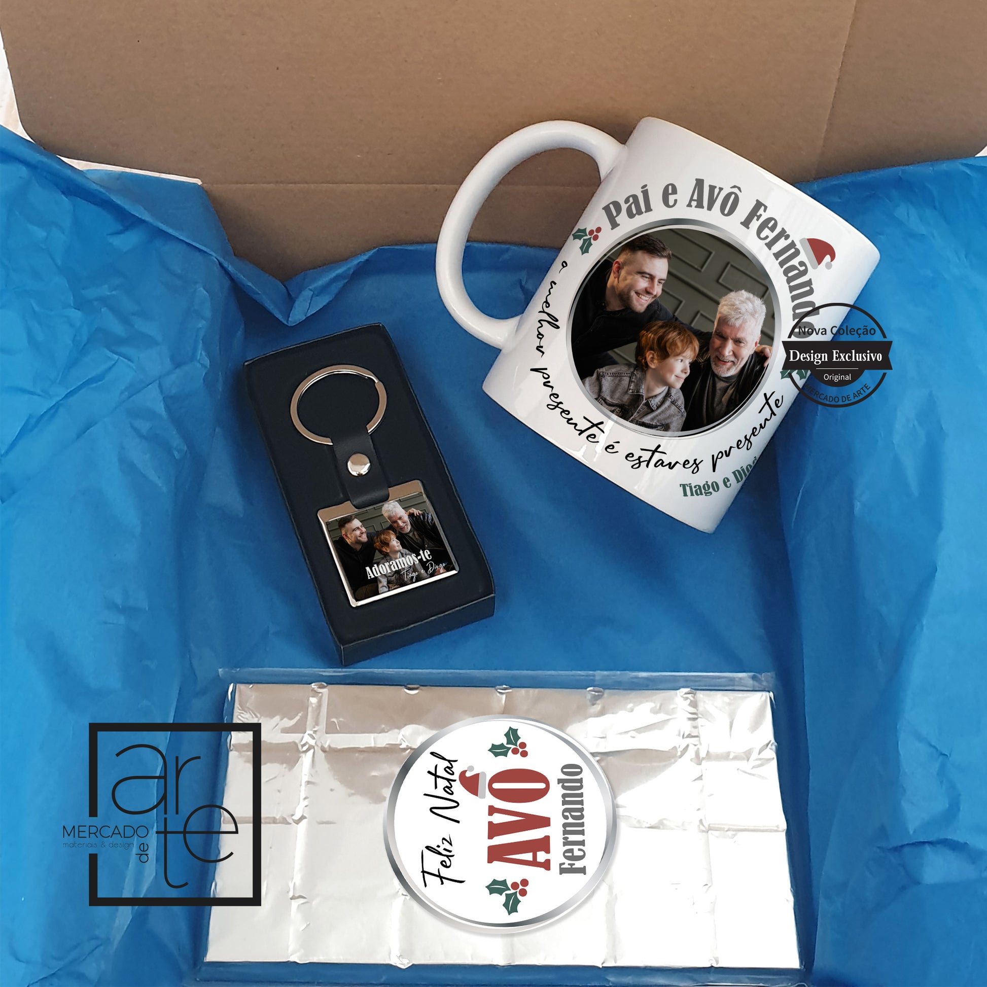 Novidade!   Sugestão de conjunto de oferta para um pai, tio, avô, etc. Conjunto composto por:  Caneca de cerâmica com fotografia, porta-chaves com fotografia em aço inóx e tablete de chocolate. Caixa de oferta incluída.