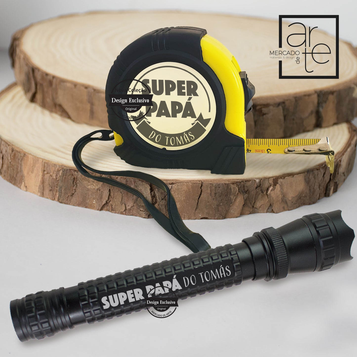 Conjunto lanterna e fita métrica " Super Papá"