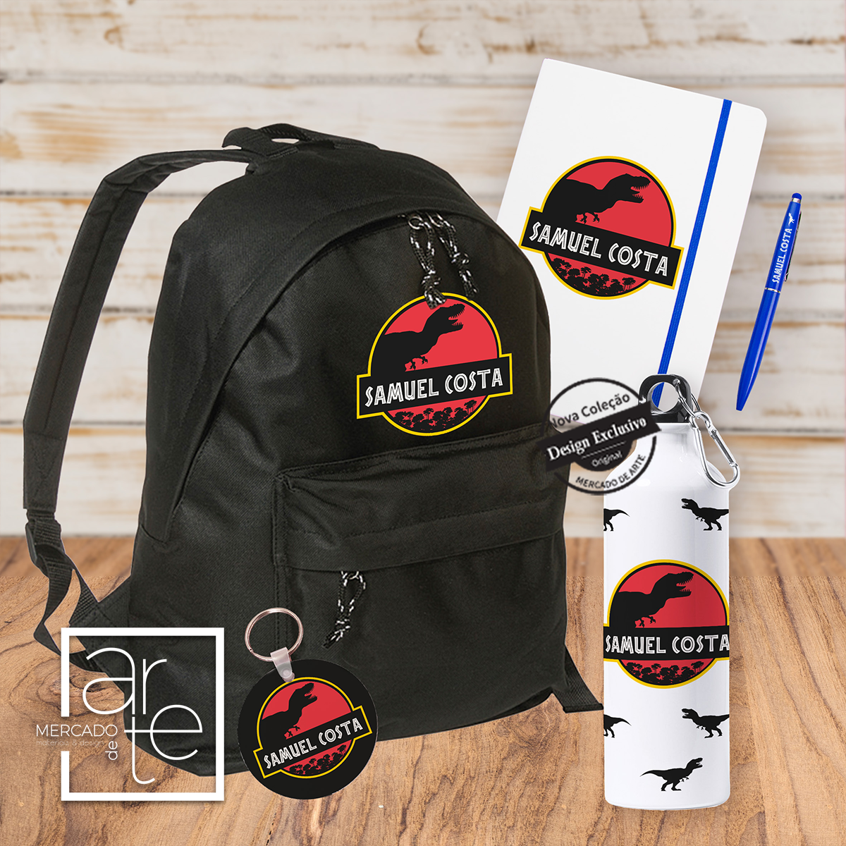 kit escolar jurássico composto por mochila, conjunto bloco e caneta, garrafa de aluminio e identificador de mochila