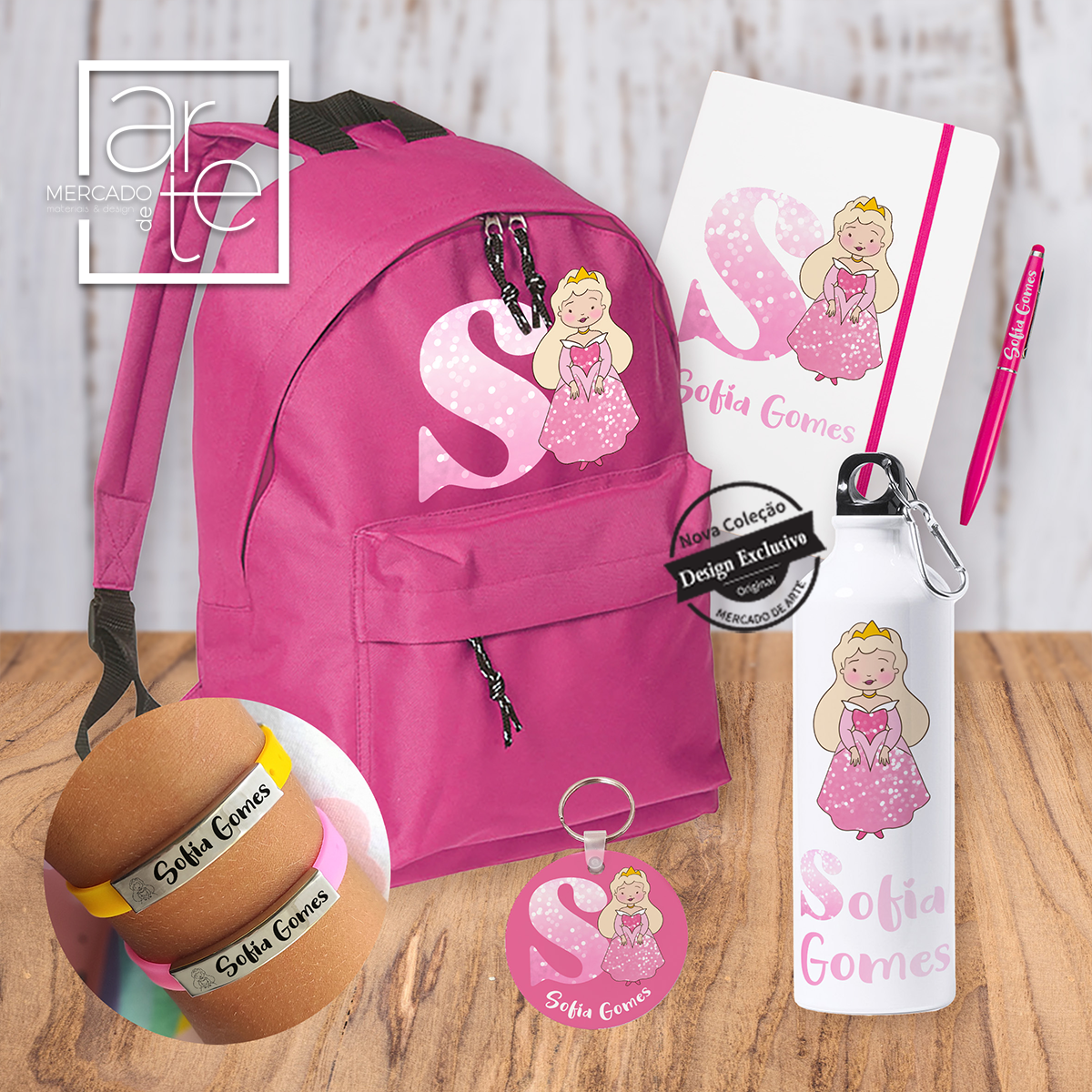 kit regresso ás aulas composto por mochila, bloco de notas e caneta, garrafa 800ml , identificado de mochila e pulseira