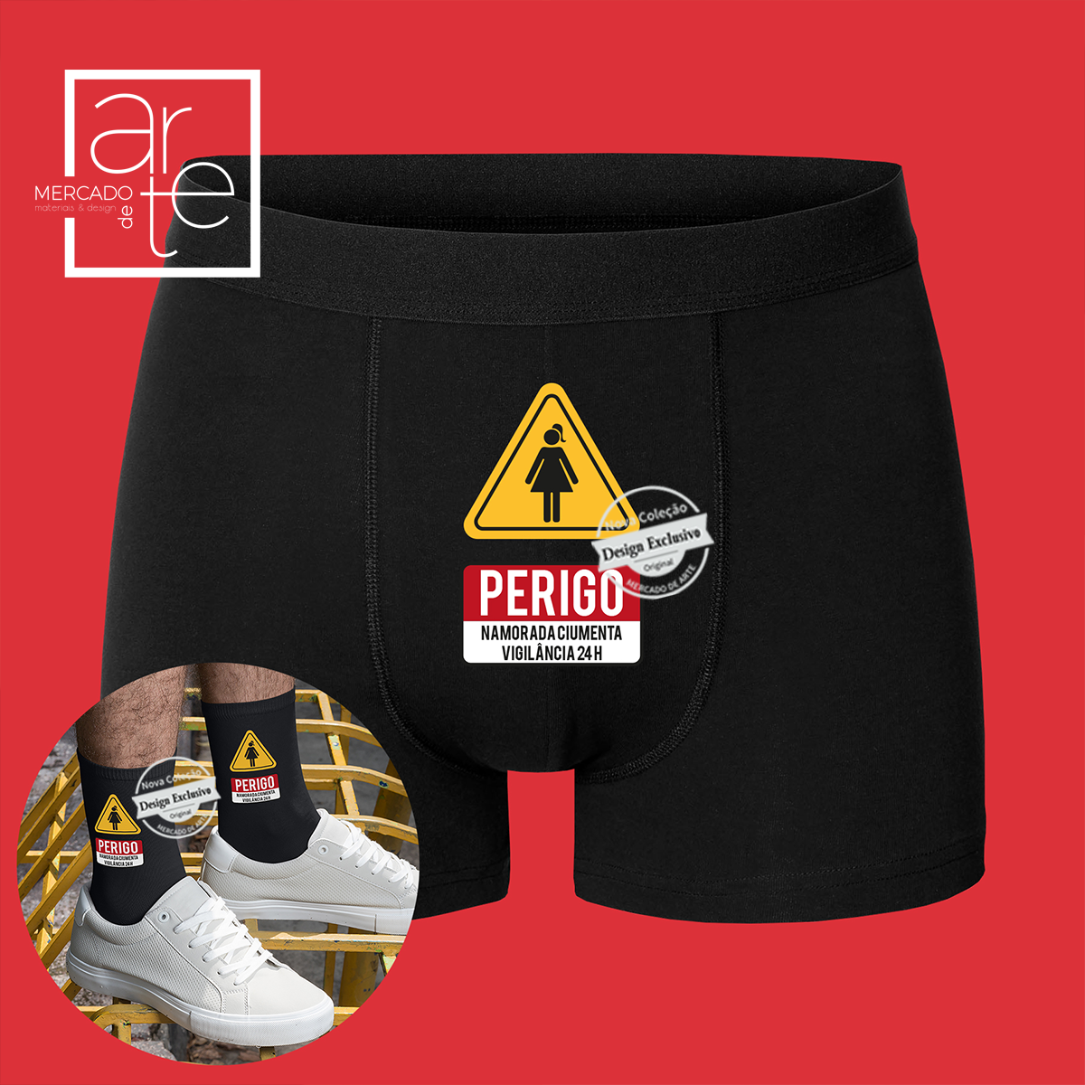 conjunto boxer e ou meias perigo namorada ciumenta vigilancia 24h . pode personalizar com a frase que desejar.