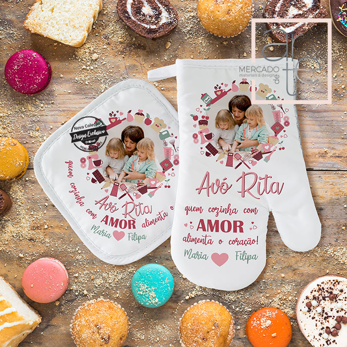 Conjunto de luva e pega de cozinha " Quem cozinha com Amor, alimenta o coração"