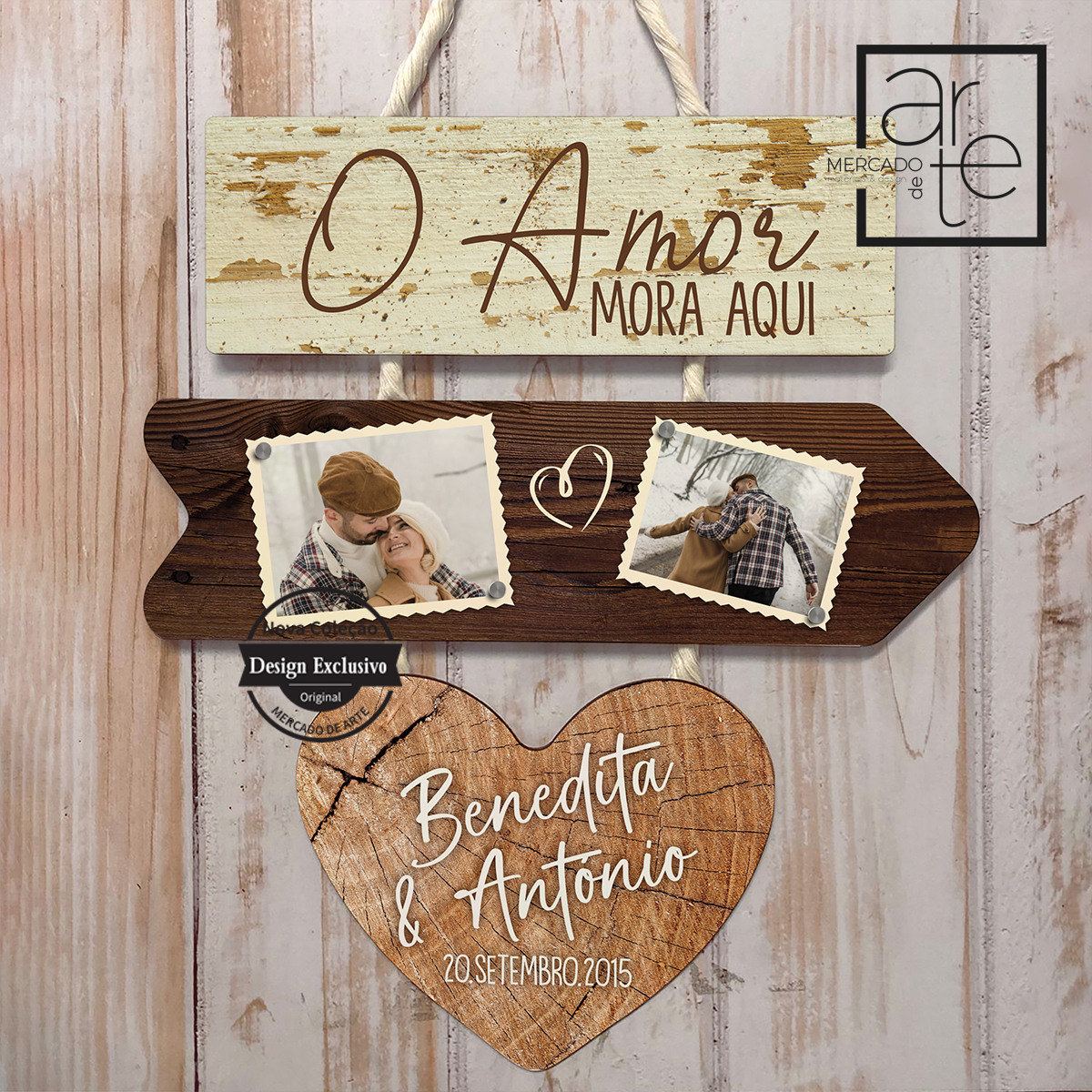 Quadro de três peças e corda corda em macramê. Uma peça decorativa super gira em que pode colocar as suas melhores memórias. Pode personalizar cada parte do quadro com a frase que desejar e ainda adicionar duas fotografias.