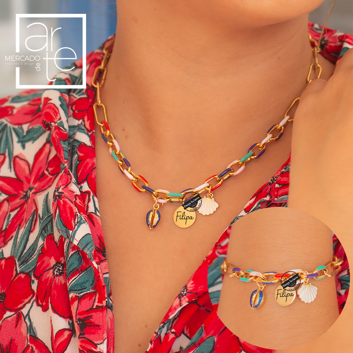 Conjunto fio e/ou pulseira corrente colorida "Mar"