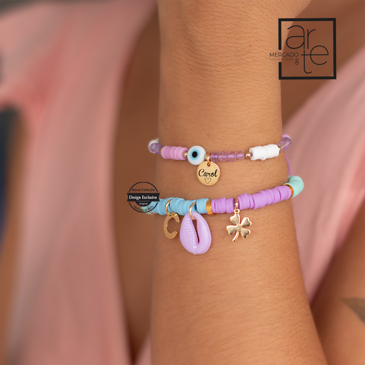 Para quem não se importa com as estações e adora acessórios coloridos ainda temos umas novidades para si! Escolha a sua cor preferida. Pulseira ajustável com missangas e pendente proteção olho turco e pulseira com buzio, inicial e trevo. Vendido em conjunto e individualmente.