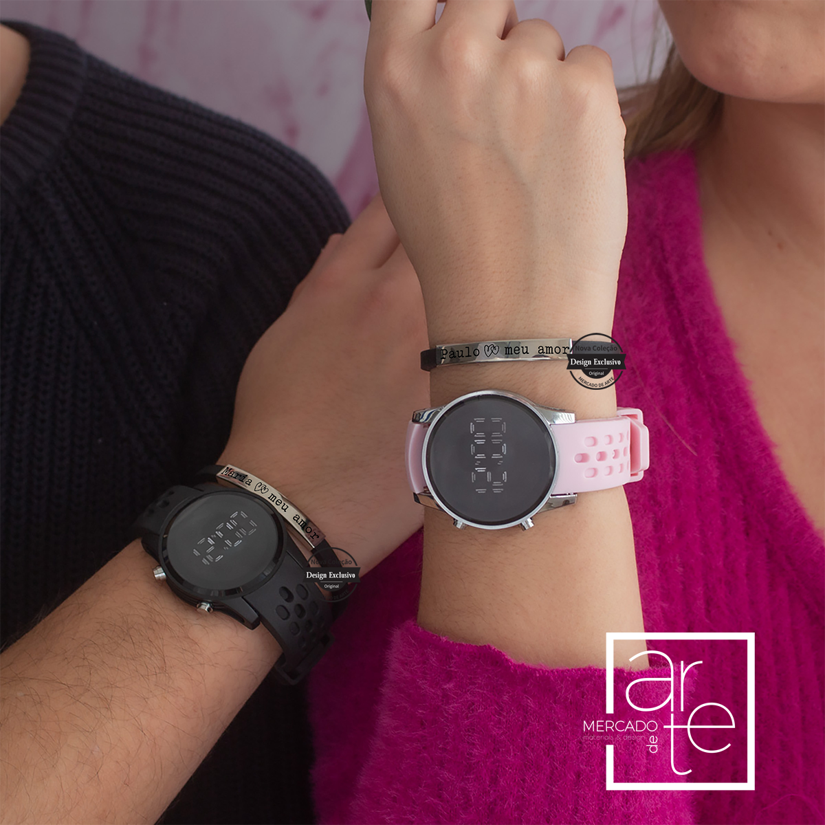 Novidade! Novo conjunto relógios digitais para casal com bracelete de silicone e pulseira em aço inóx e silicone personalizada com nomes. Faça o seu conjunto e personalize com os nomes que desejar. Apenas pulseira personalizável.