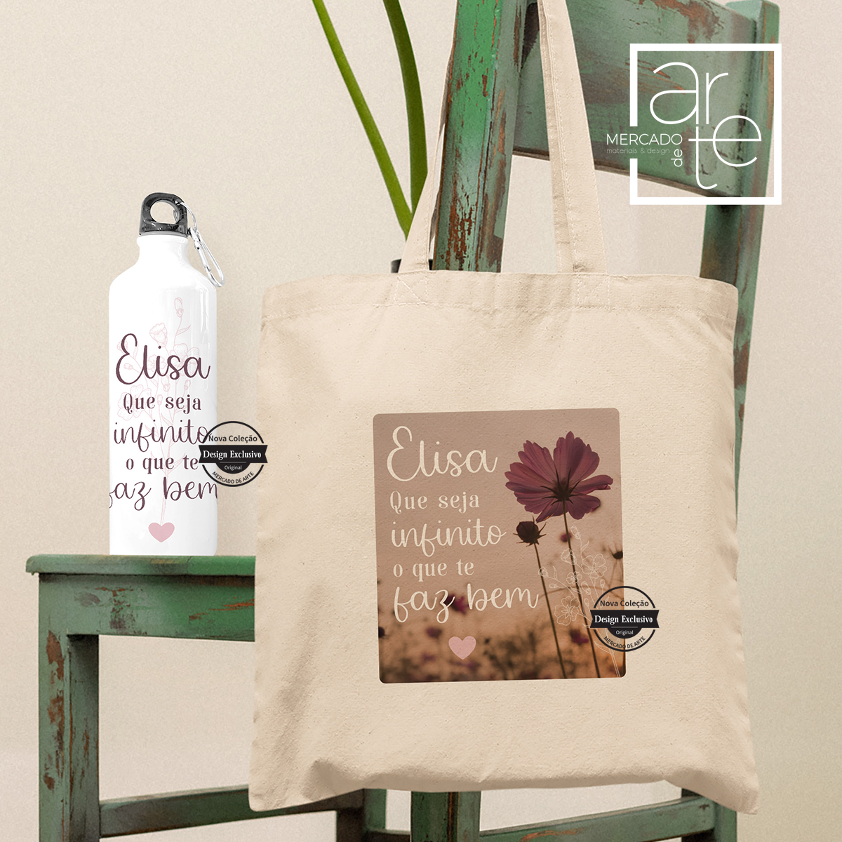 Saco de tecido 100 % algodão e garrafa de alumínio 800 ml com frases inspiradoras ao seu gosto. Vendido em conjunto e separadamente.