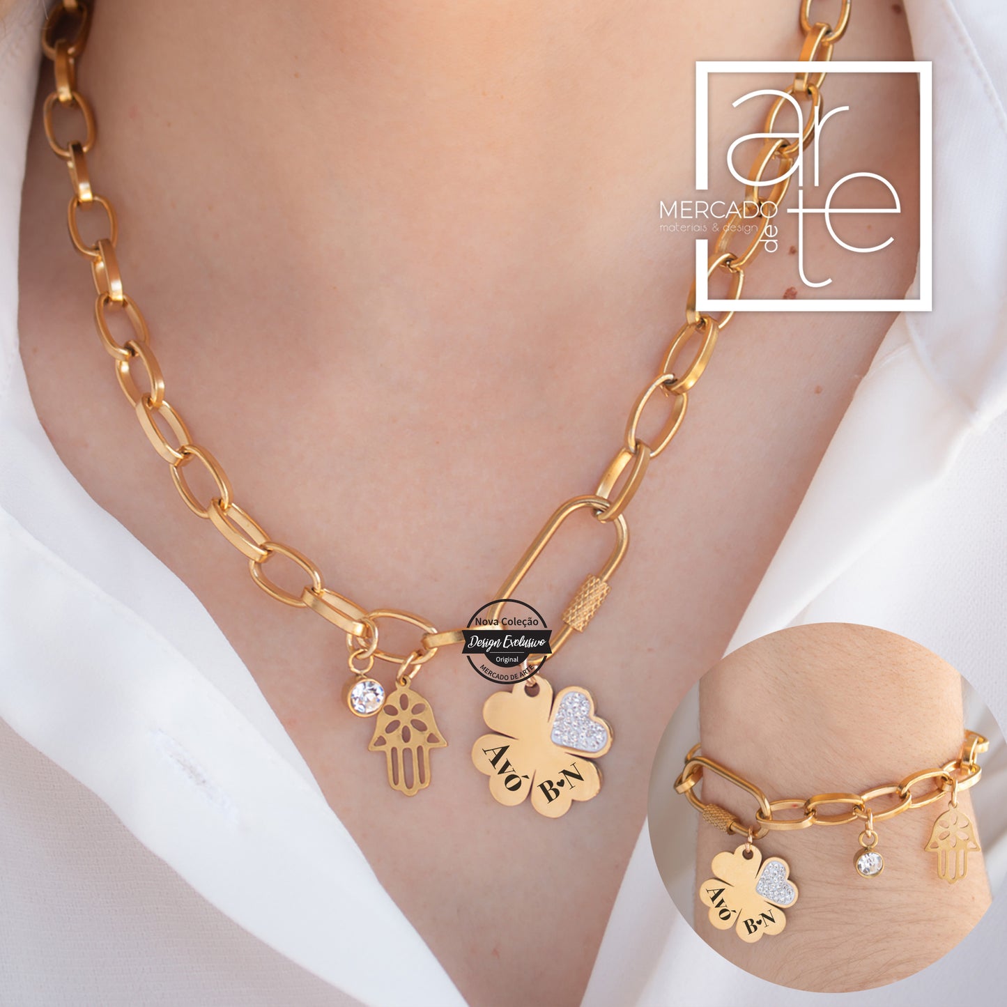 Conjunto fio e pulseira trevo em aço inóx de alta qualidade que pode personalizar como desejar, para avó, tia, amiga ou mesmo para si com um nome ou símbolos que desejar. Pode comprar em conjunto ou separado. Disponível em dourado e prateado, escolha a sua cor favorita!