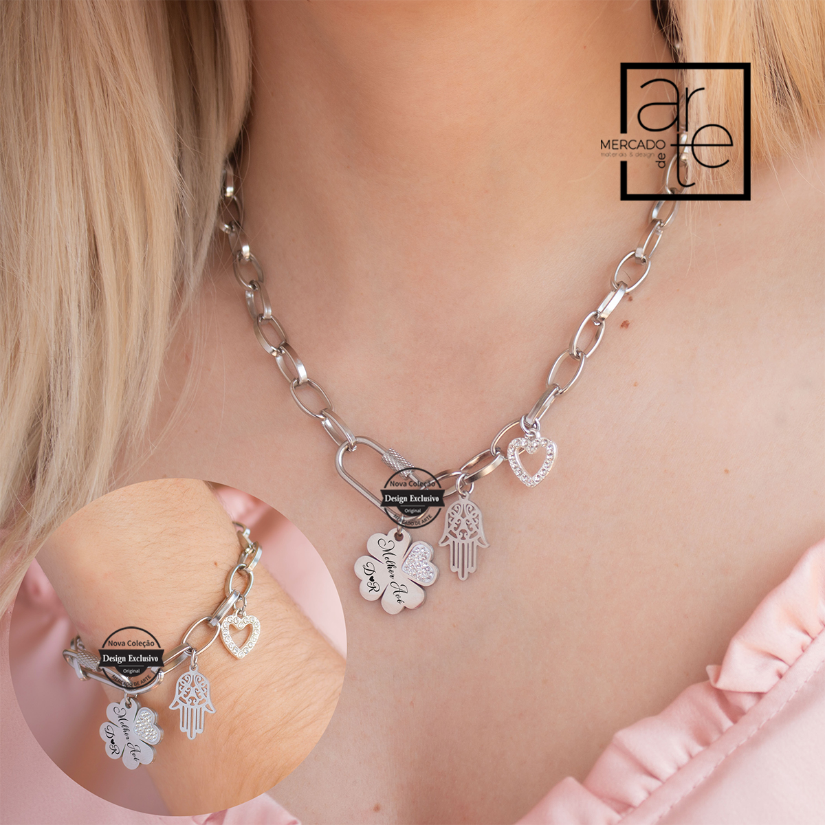 Fio e ou pulseira trevo em aço inóx com zircónias personalizado