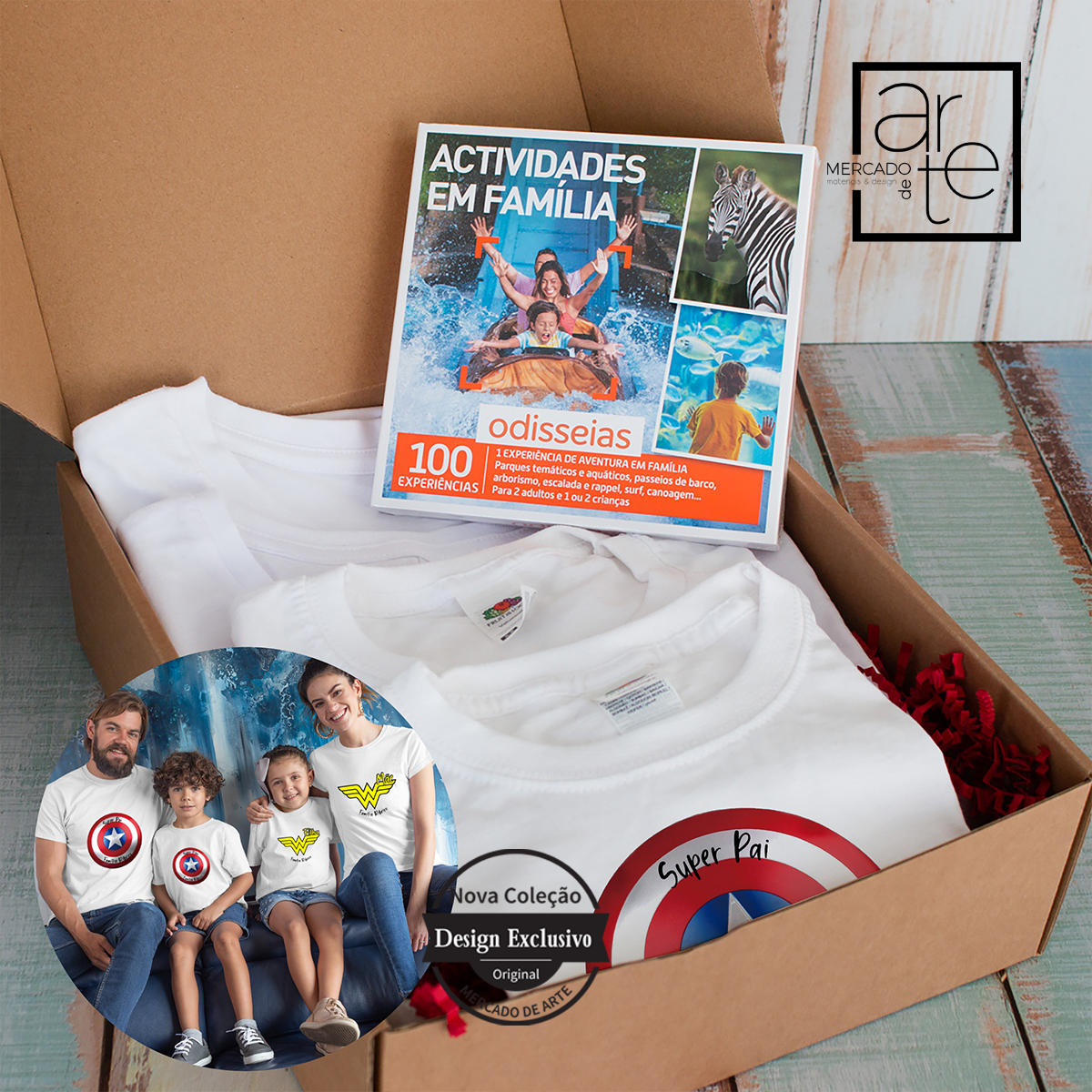 Super Novidade para o Dia do Pai! Kit Odisseias aventuras em família com t-shirts personalizadas por si! Escolha a sua opção e aproveita a nossa sugestão de super família ou personalize com o texto que desejar. Disponíveis em preto ou branco. REF: MA-PAI189 O tamanho das T-shirt