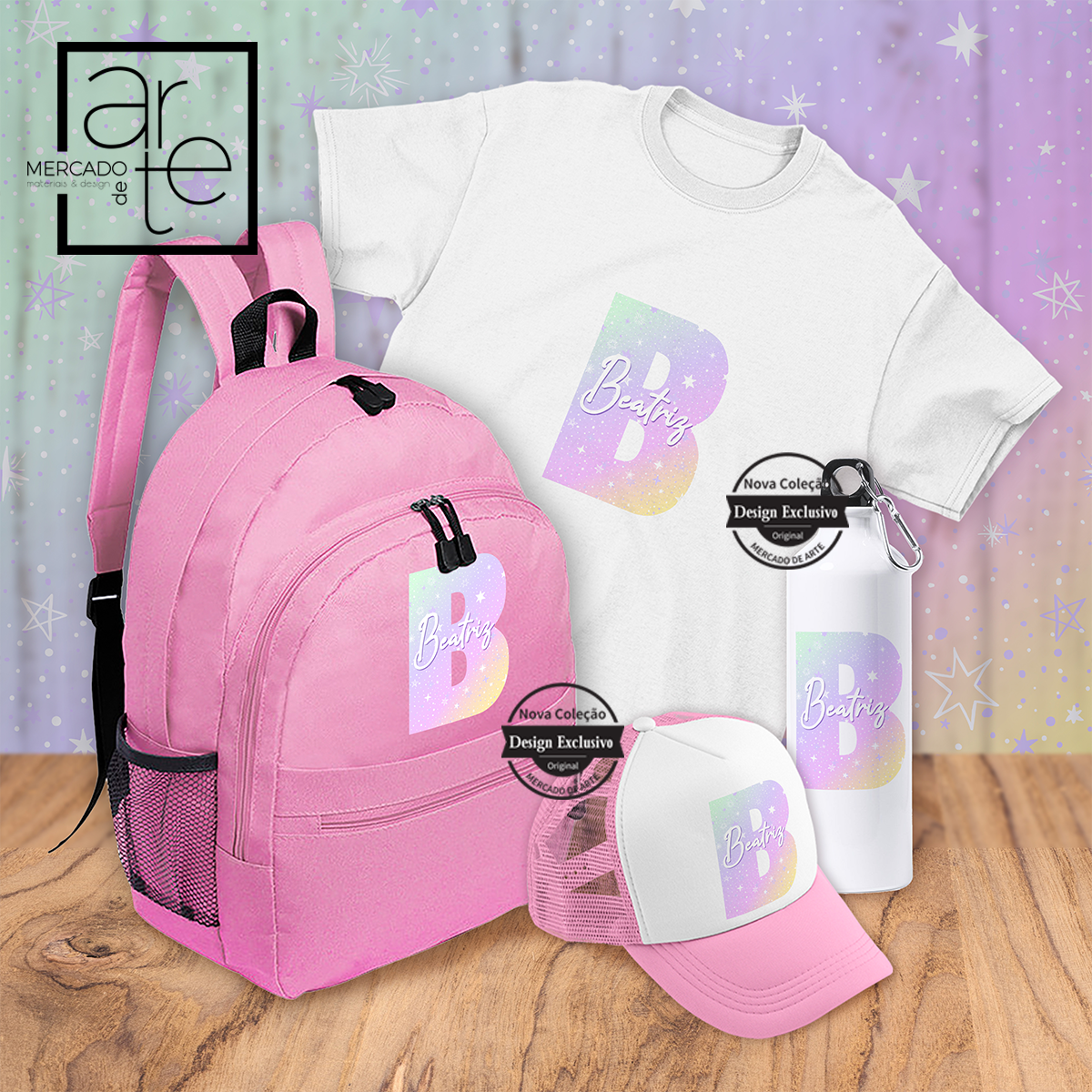 conjunto personalizado de mochila, t-shirt, boné e garrafa de 800ml . Regresso às aulas