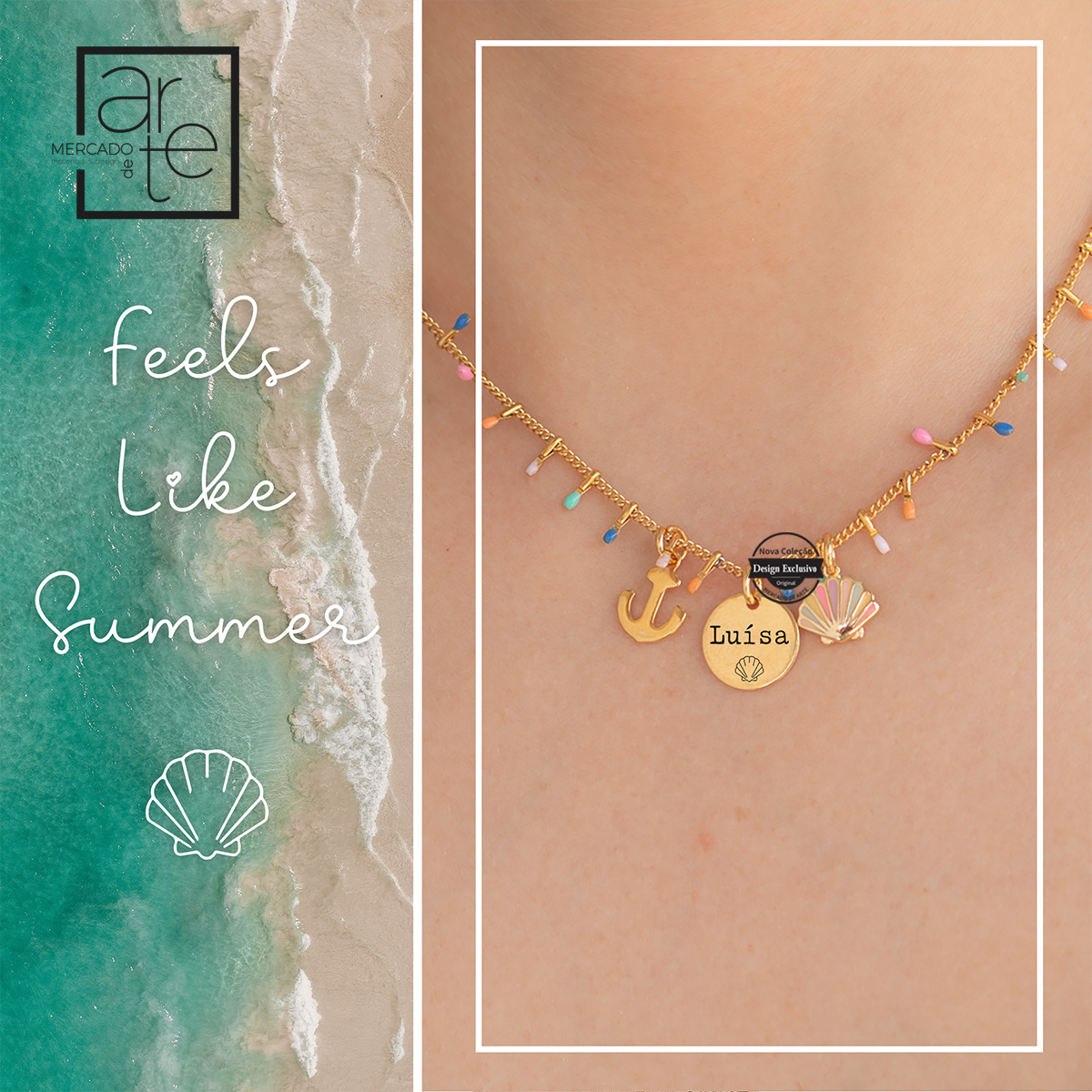 fio dourado com bolinhas coloridas e pendente de conha com nome