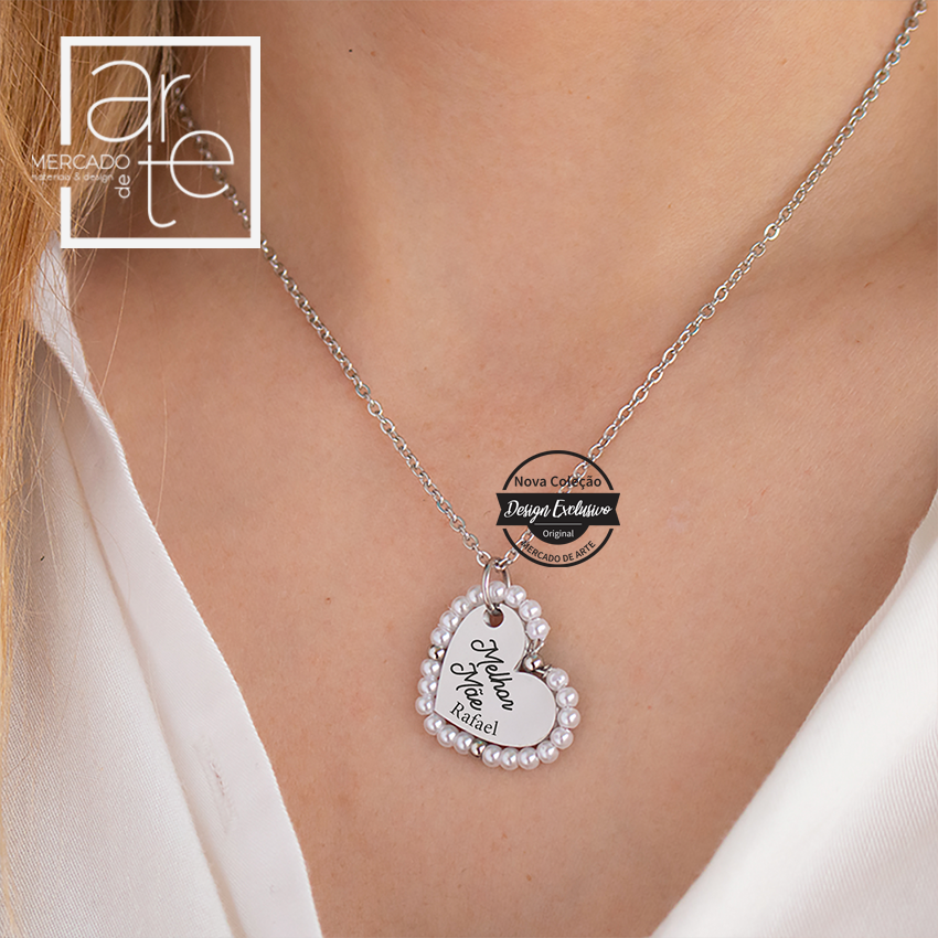 Fio coração com pérolas "Melhor mãe"