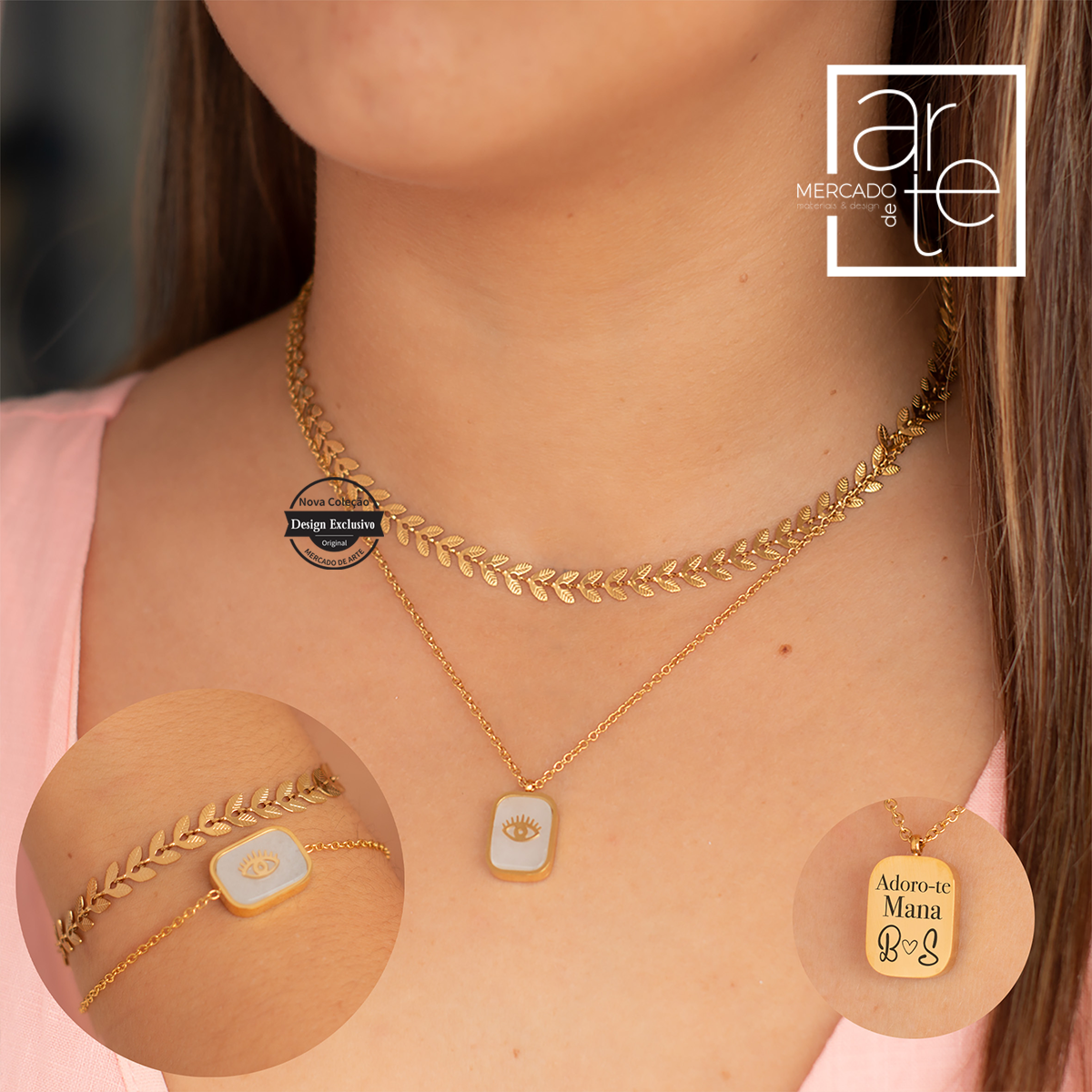 Fio e/ou pulseira duplos olho turco madrepérola "Adoro-te Mana"