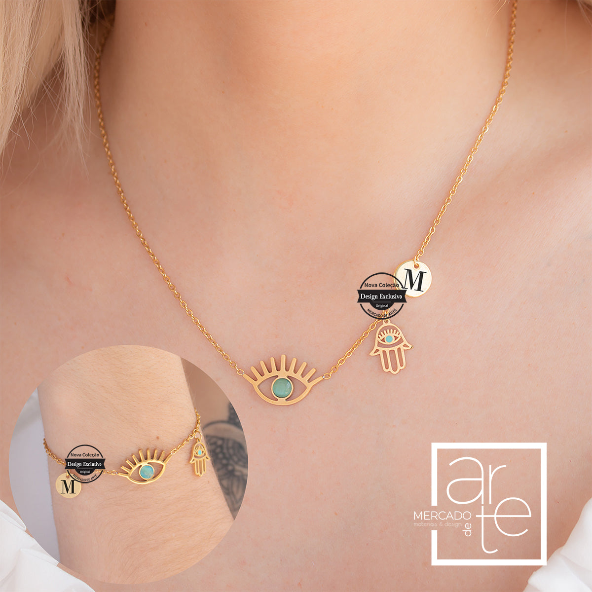 Conjunto fio e pulseira com pendente olho turco e mão de fátima