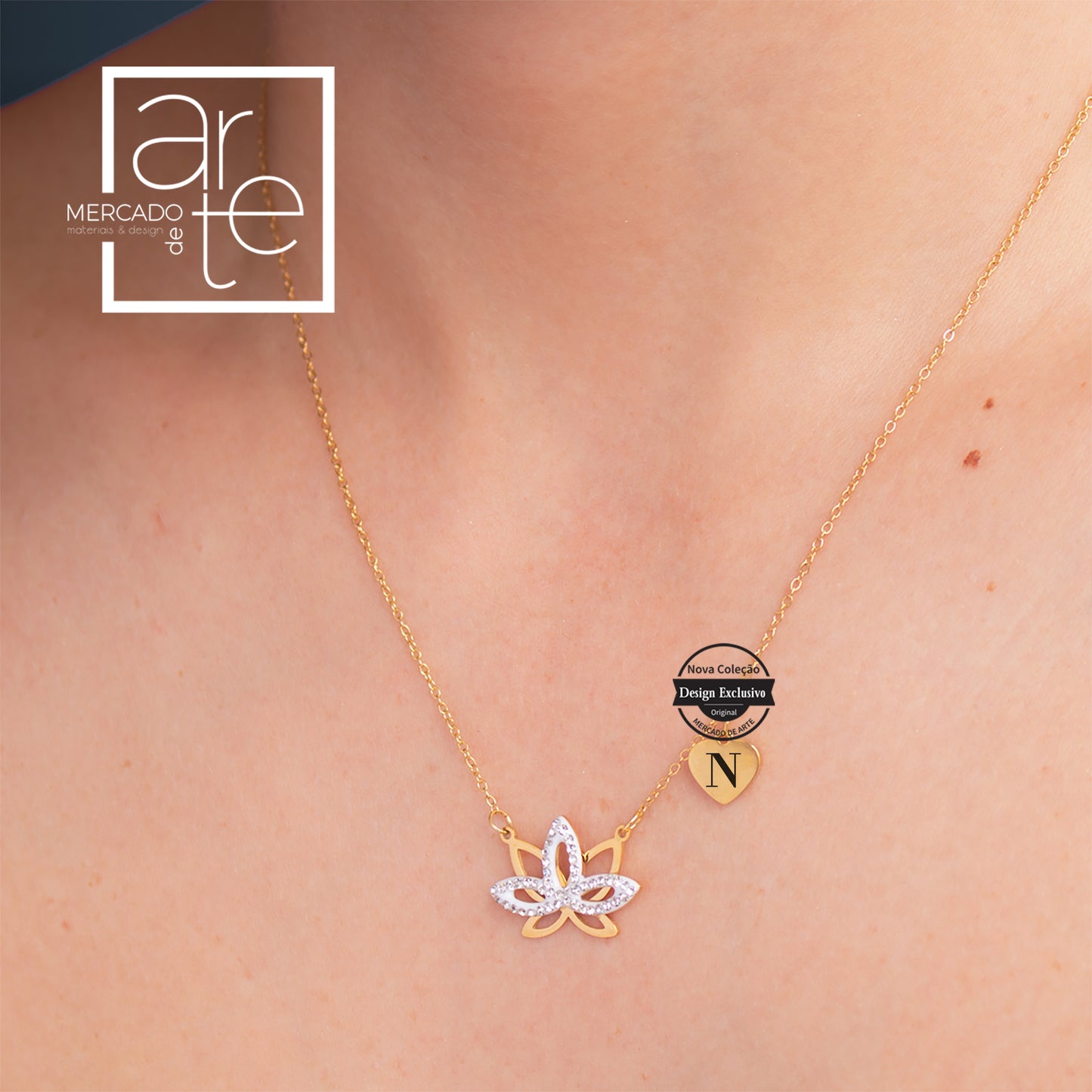 Fio flor de lótus em aço inóx com zircónias personalizado com inicial