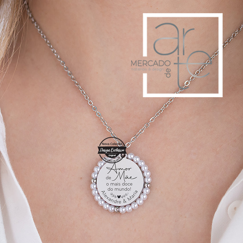 Fio em aço inóx com medalha com pérolas "Amor de Mãe"