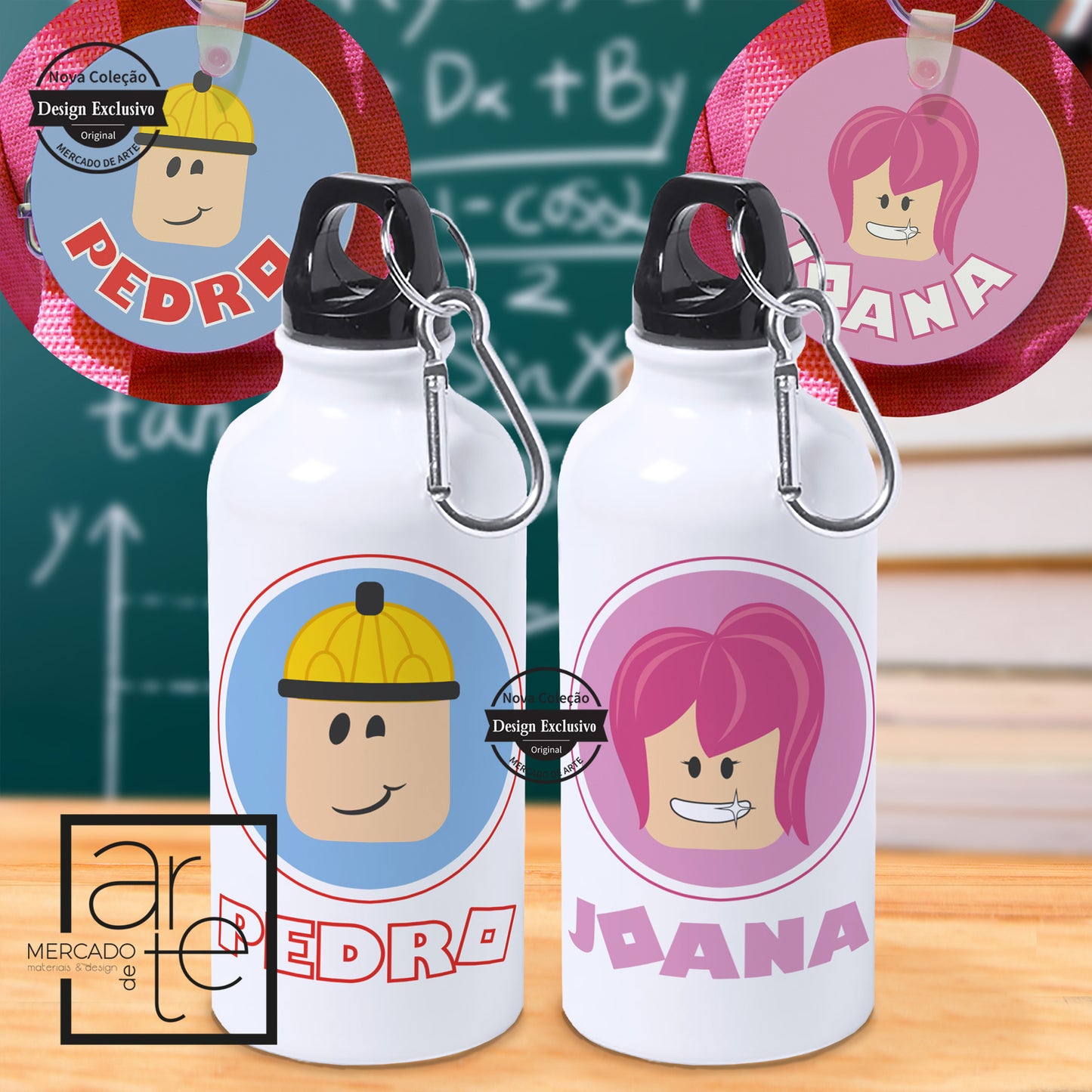 Conjunto garrafa e/ou identificador de mochila temático "Roblox"