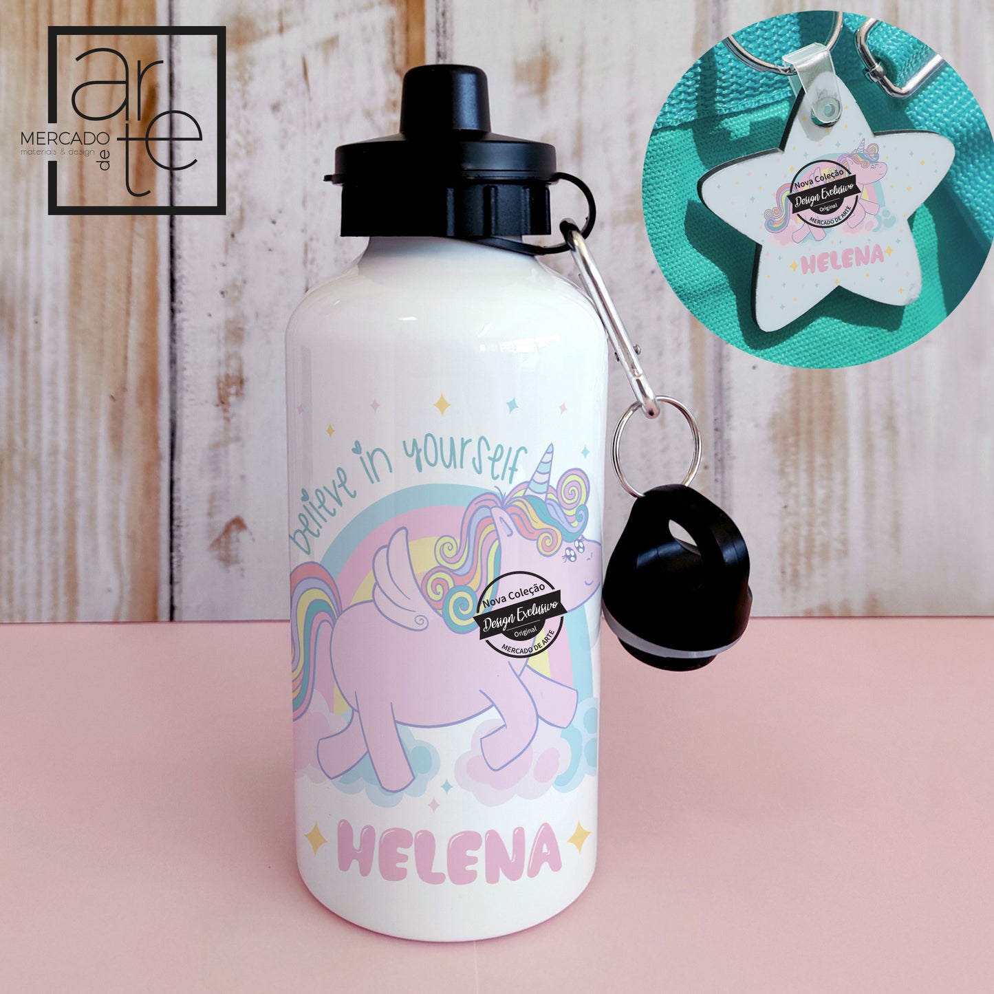 Garrafa e/ ou identificador de mochila "unicórnio"