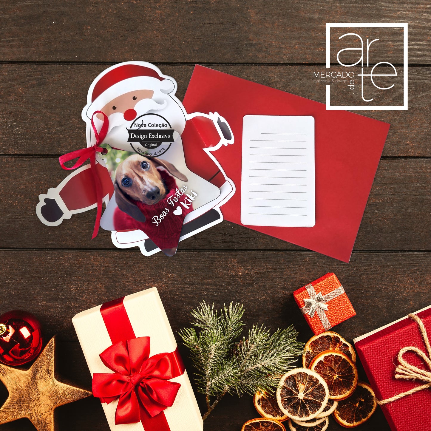 Postal pai natal + pendente de natal em forma de estrela personalizado com fotografia ou imagem e pequena frase a seu gosto. Incorporado dentro do postal do pai natal, inclui cartão para escrever a sua mensagem pessoal e envelope, um miminho perfeito que vão adorar e a um preço espetacular.