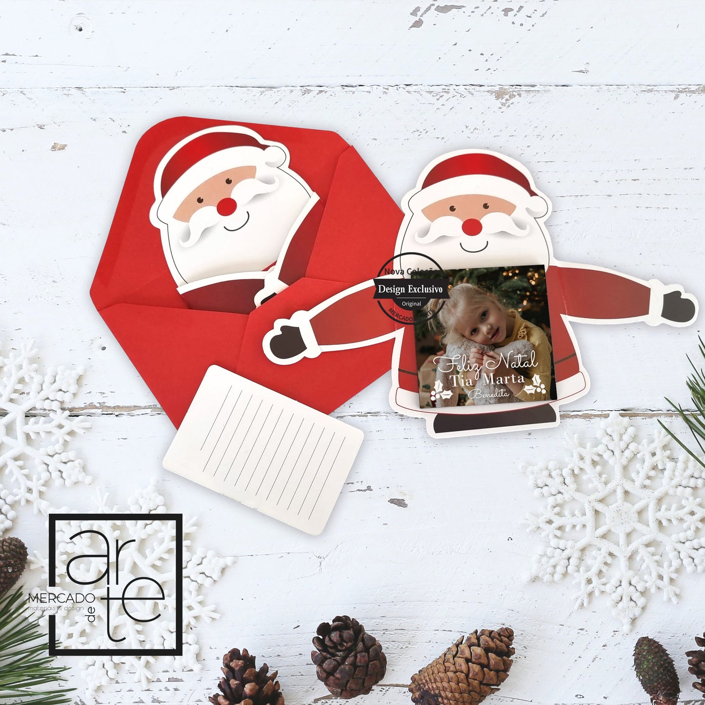 Postal pai natal +iman quadrado personalizado com fotografia ou imagem e frase a seu gosto. Incorporado dentro do postal do pai natal, inclui cartão para escrever a sua mens