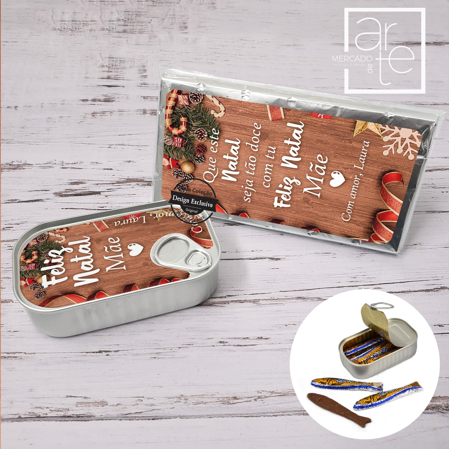 Lata de sardinhas de chocolate e/ou tablete de chocolate "Feliz Natal"