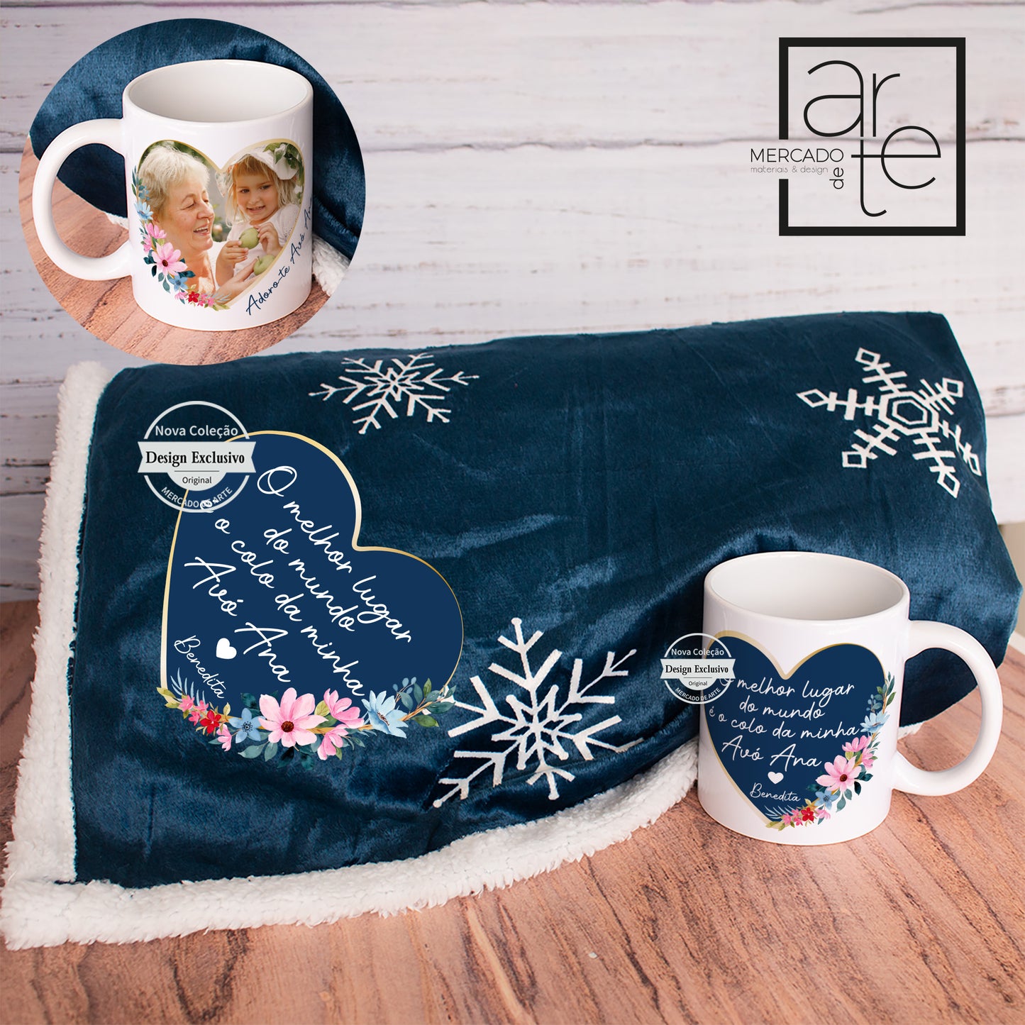 Conjunto Super natalício a pensar no conforto das nossas avós. Manta de natal aveludada de um lado com pelinho do outro, com caneca de cerâmica de conjunto com frase e fotografia a seu gosto. Vendido em conjunto ou separadamente. Apenas caneca leva fotografia