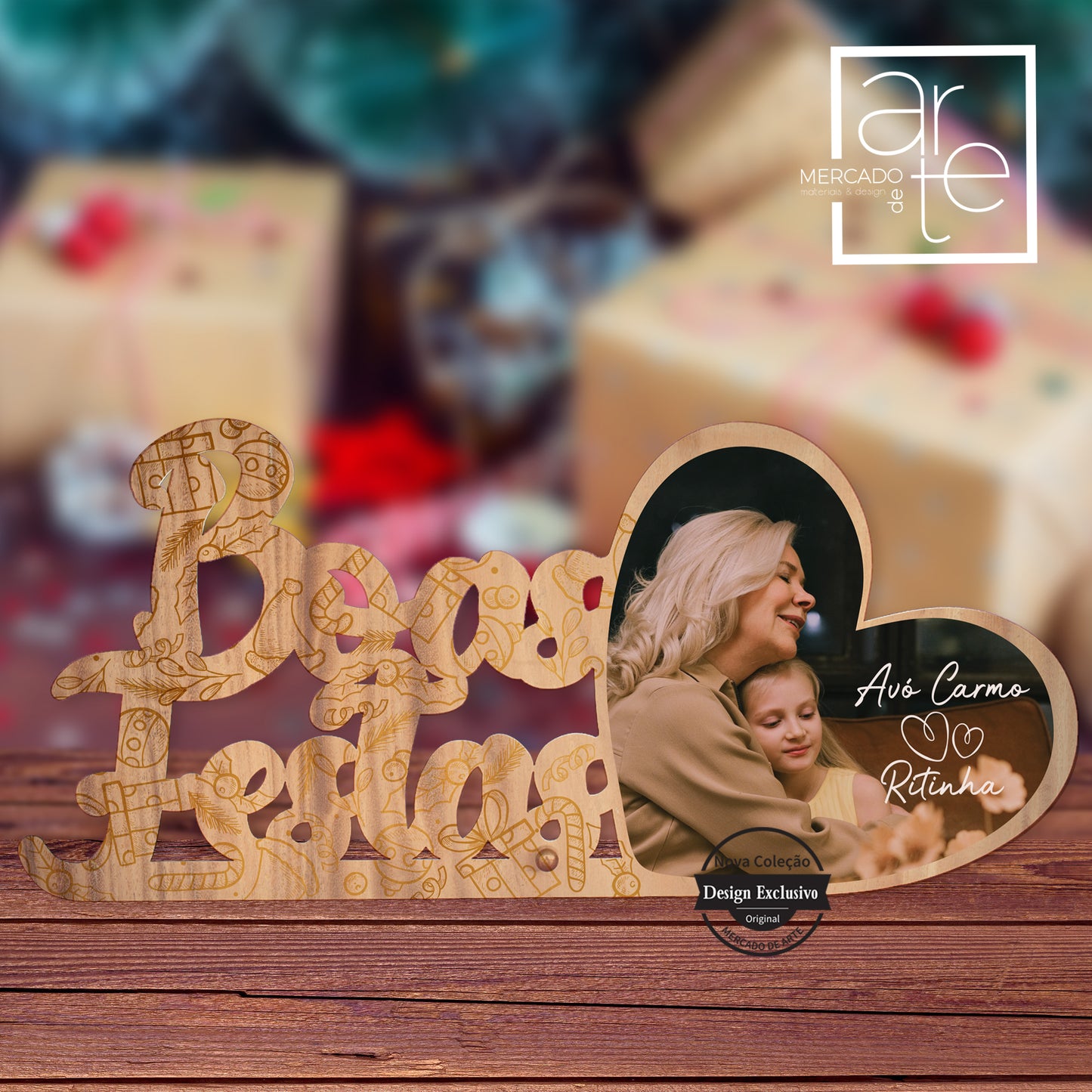 oldura recortada Avó "Boas festas"" em madeira letras recortadas, com impressão de fotografia e nomes a seu gosto.