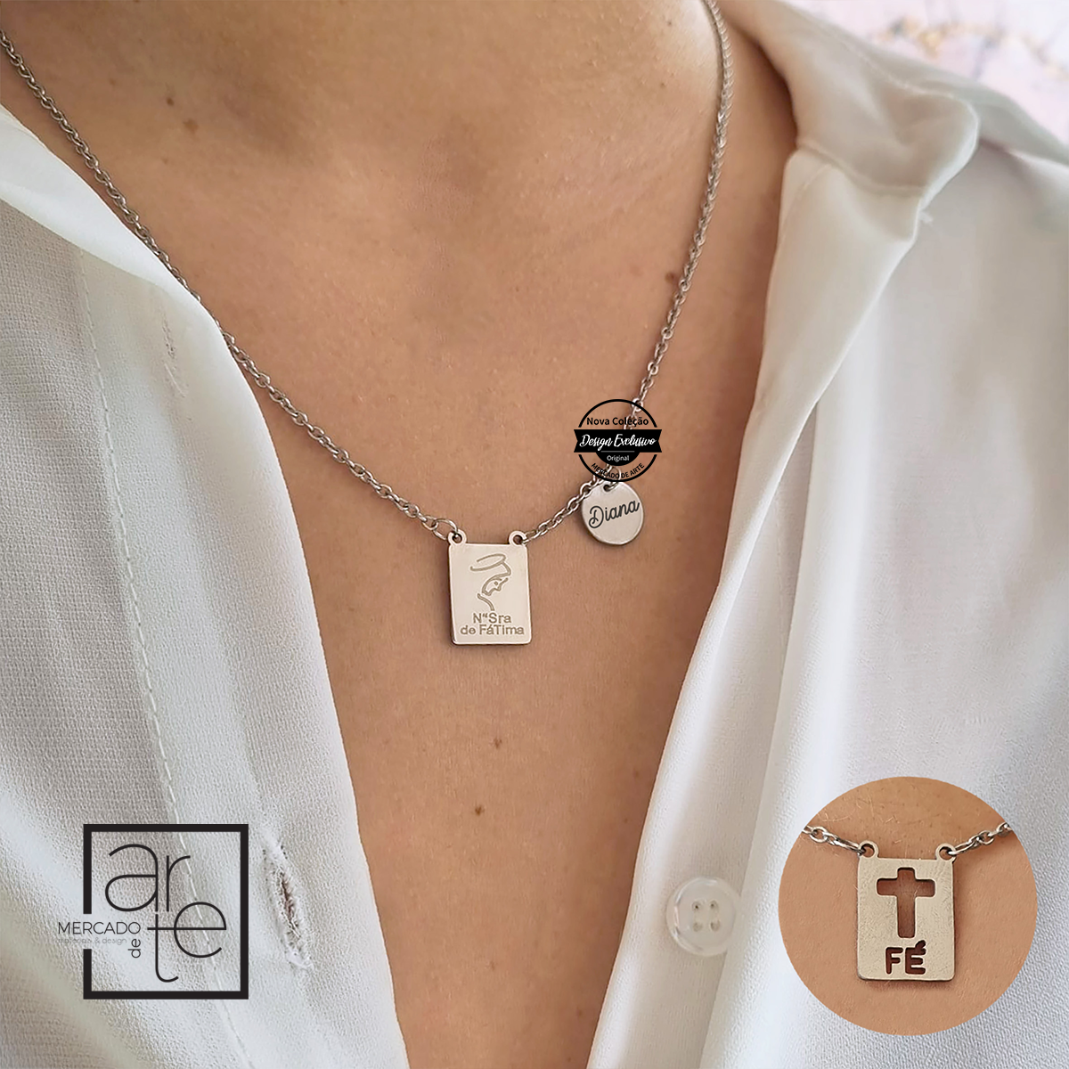 Traga consigo uma peça que a inspira todos os dias. Fio escapulário fé com a nossa senhora de Fátima na medalha da frente e medalha fé atrás. personalize a medalhinha pequena com um nome ou iniciais. Disponível em prateado ou dourado.