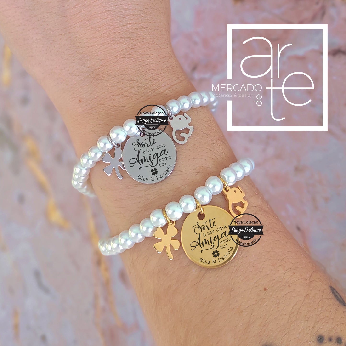 Pulseira de pérolas " Sorte é ter uma amiga como tu "