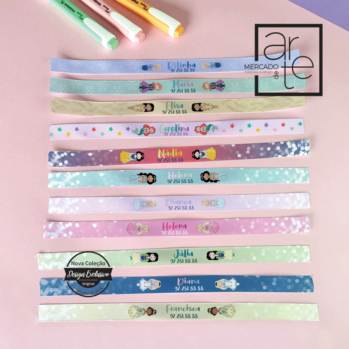 Fitinhas de tecido de identificação. Pode utilizar como pulseira ou para identificar alguns artigos que ache necessário. Basta fazer um nó na extremidade da fita. Escolha a princesa preferida e coloque os dados que desejar.