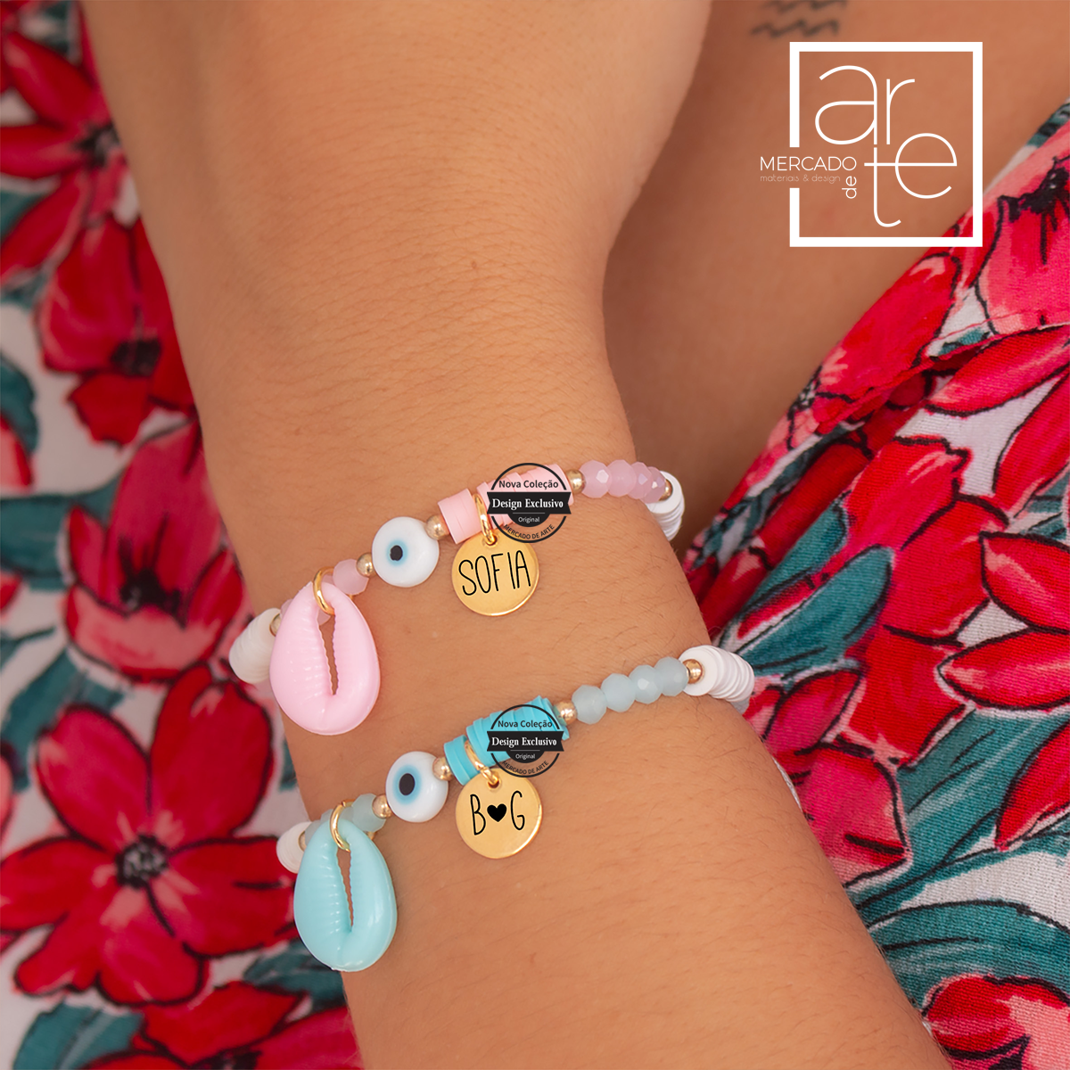 pulseiras ajustáveis com medalha personalizada com búzio e olho turco