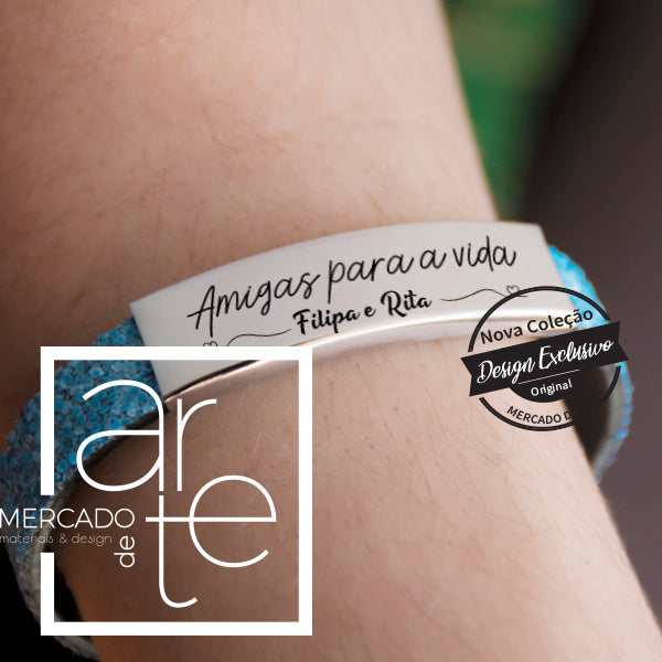 Pulseira aço inox e cabedal efeito caviar " Amigas para a vida "