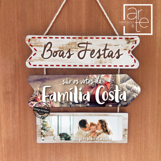 Quadro triplo em madeira e corda macramê  "Boas festas".  Marque o seu Natal com uma peça decorativa super especial personalizada por si com a frase e fotografia que desejar.