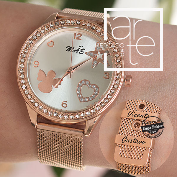 Relógio " Mãe "com strass em aço inoxidável