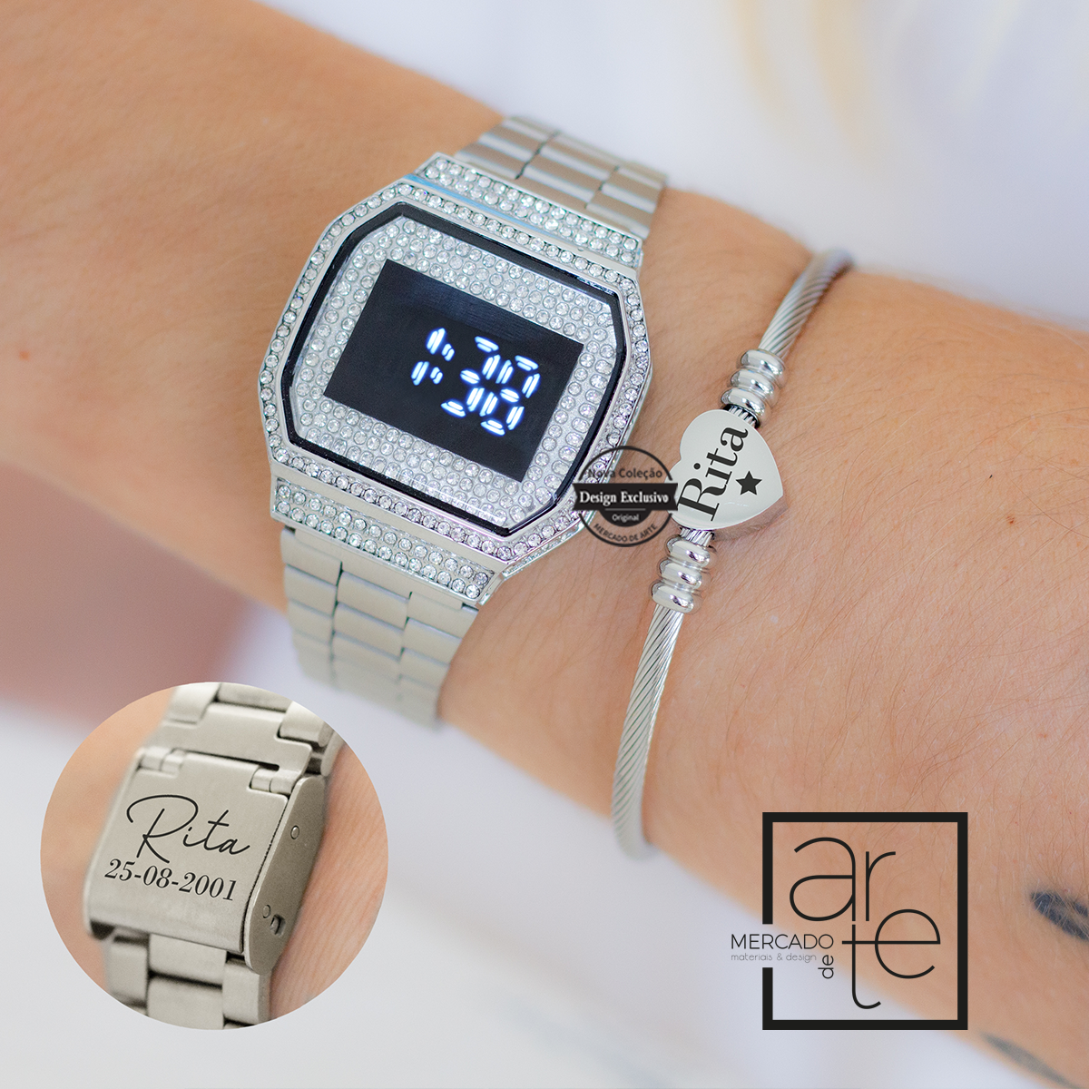 Adoramos este conjunto super elegante com um toque super especial! Relógio digital em aço inóx com zircónias no mostrador. Complete o conjunto com a nossa pulseira best seller escrava com coração. Vendido em conjunto ou separadamente. Conjunto com caixa incluída.