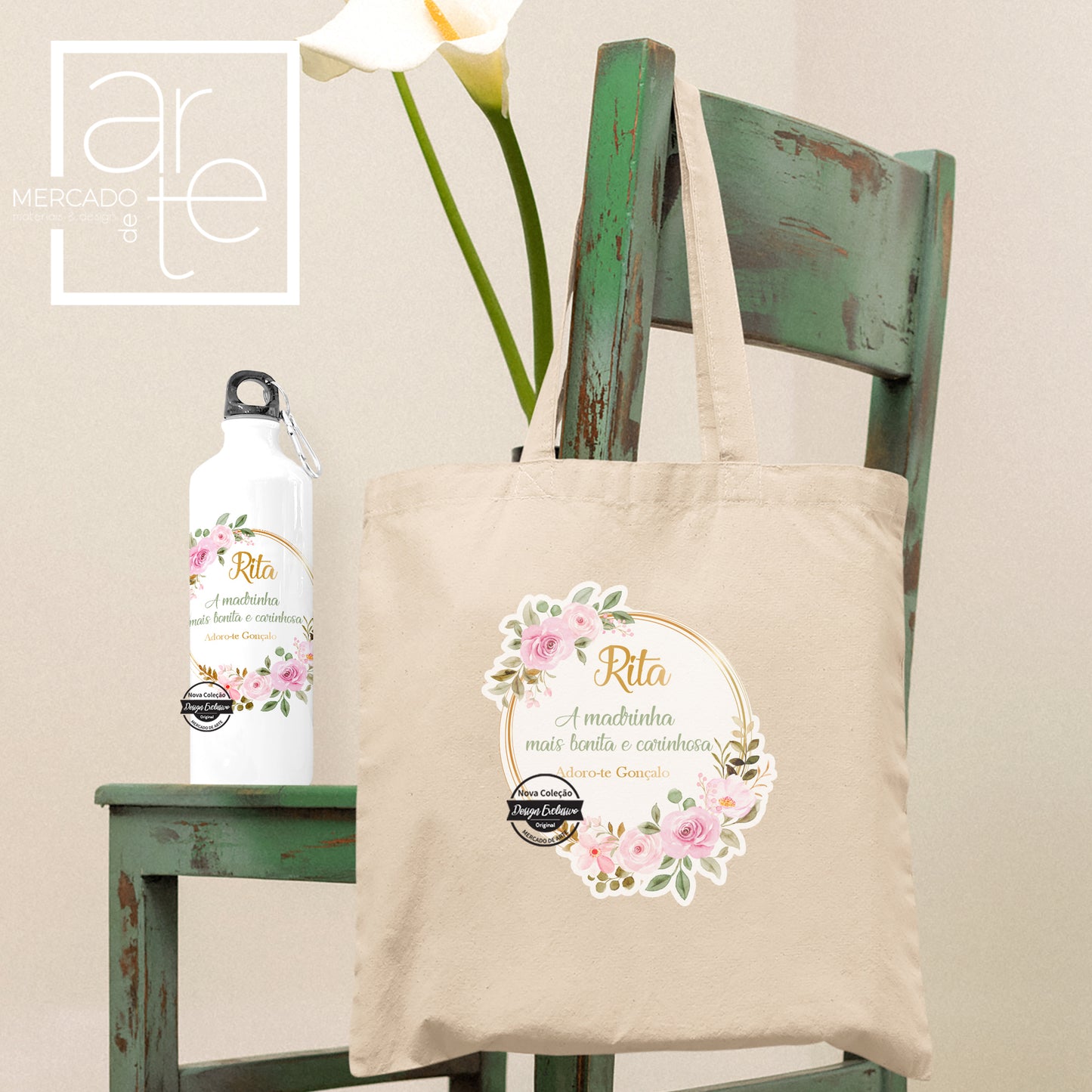 Saco e/ ou garrafa " Madrinha mais linda e carinhosa " com imagem e texto personalizado ao seu gosto, capacidade 800 ml em alumínio e caixa incluída. Um presente para a páscoa, aniversários ou natal muito util e personalizado por si!