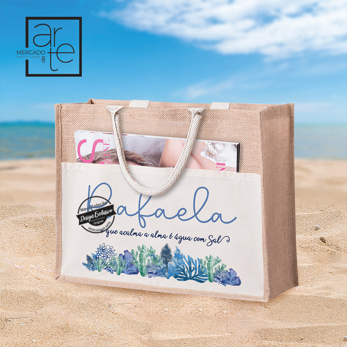 saco de praia algodão e juta com bolsa , personalizado como desejar