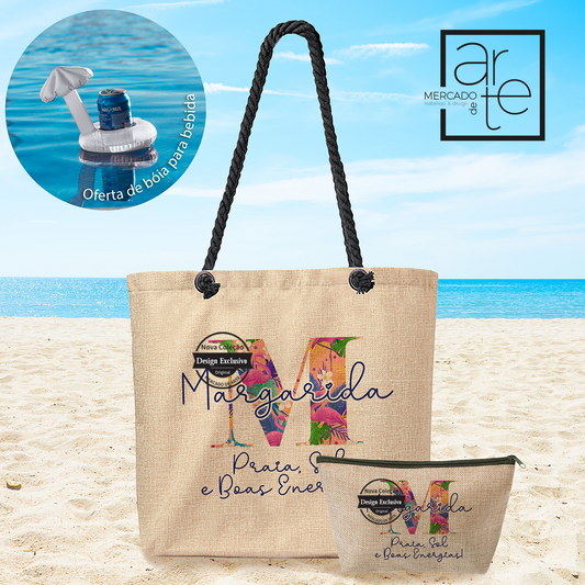 mala e ou bolsa com inicial e frase praia, sol e boas energias