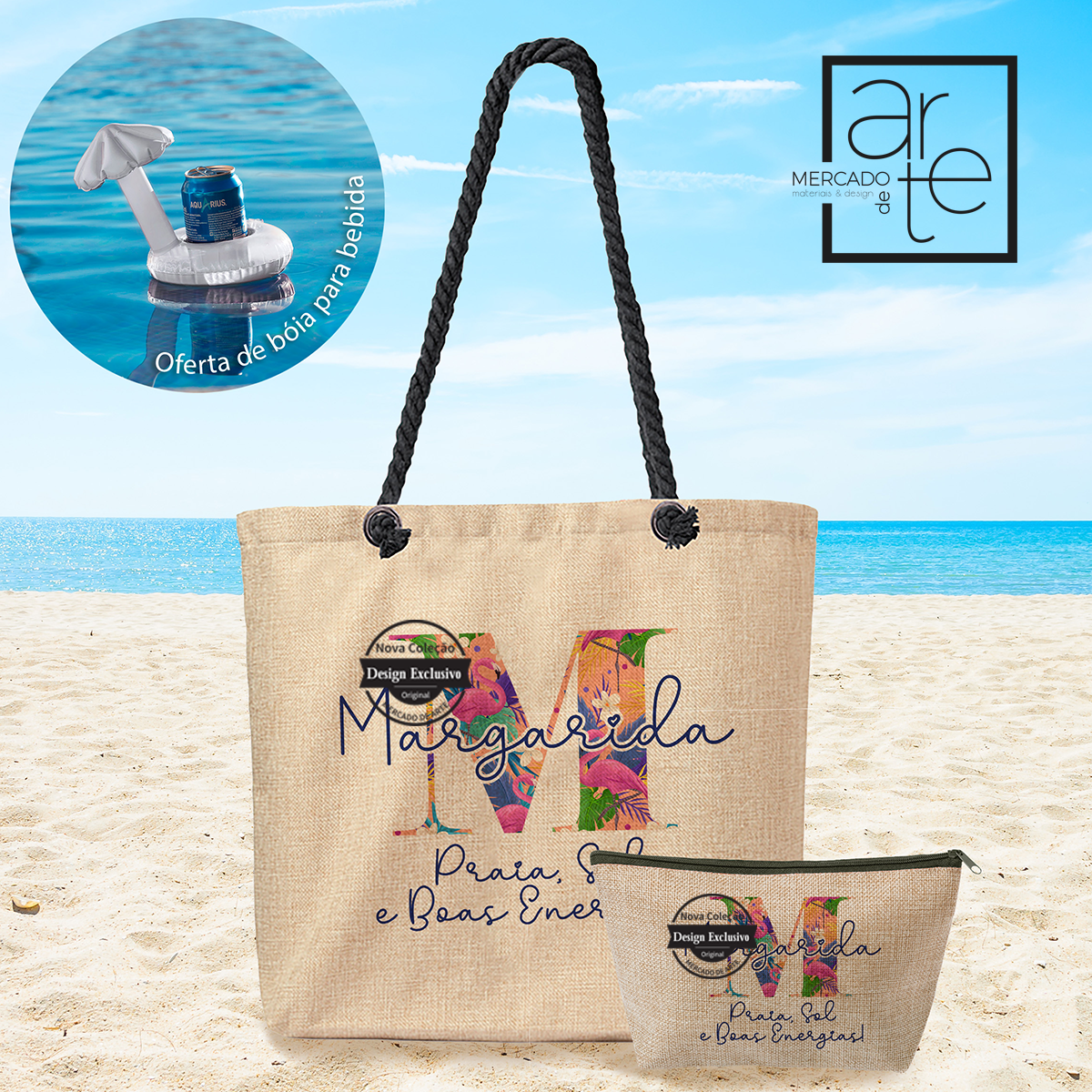 mala e ou bolsa com inicial e frase praia, sol e boas energias