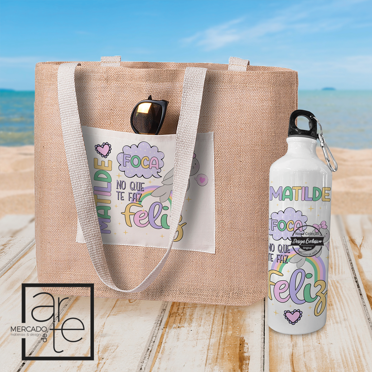 conjunto saco de tecido e garrafa de 800ml "foca no que te faz feliz" personalizado como desejar.