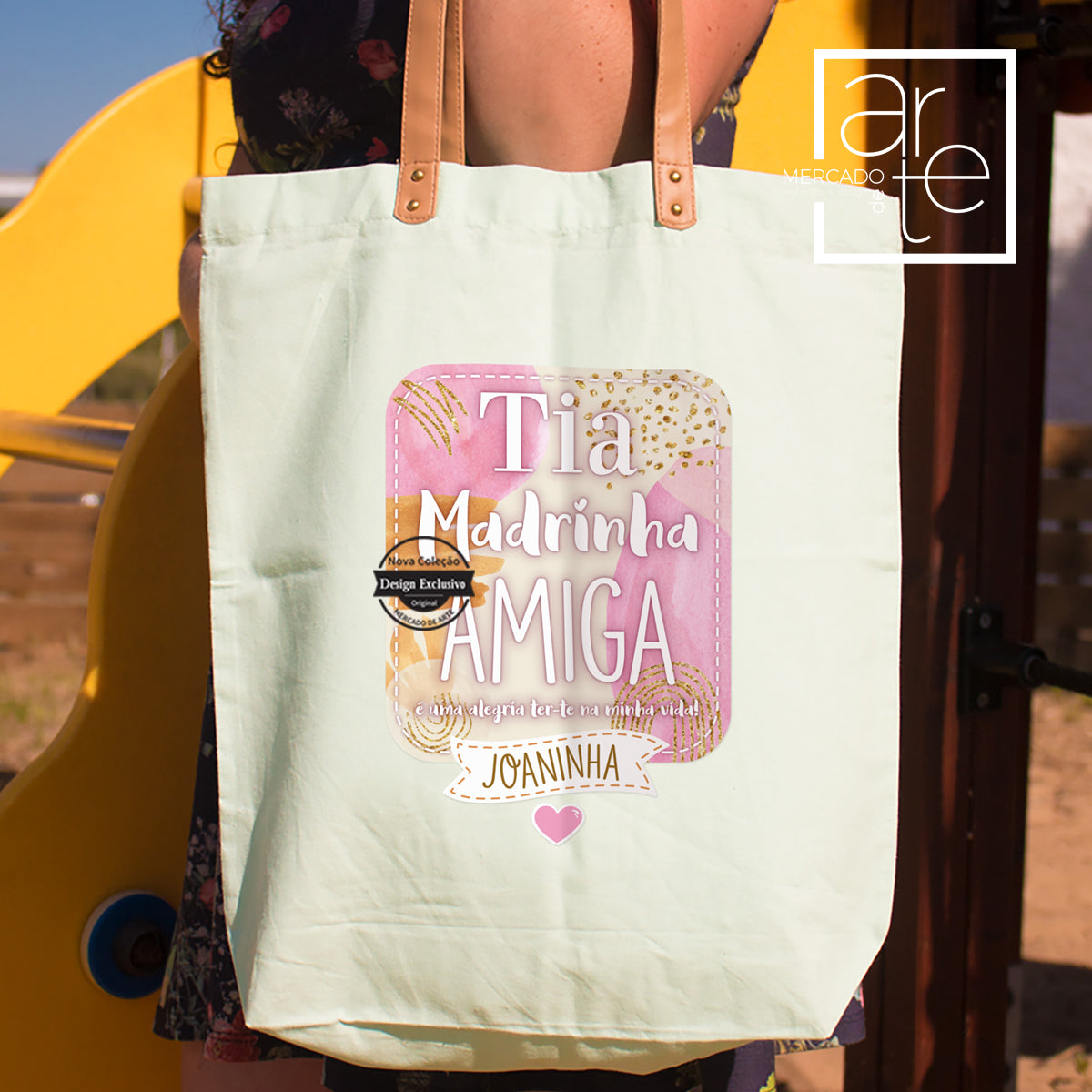 Saco 100 % algodão com alças de napa "Tia, madrinha, amiga"