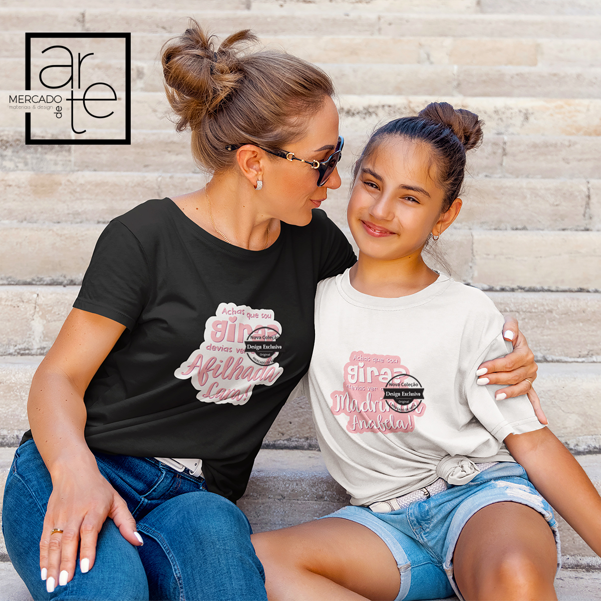 Conjunto de t-shirts super giras para madrinha e afilhada. Personalize com a frase que desejar e surpreenda! T-shirt 100% algodão