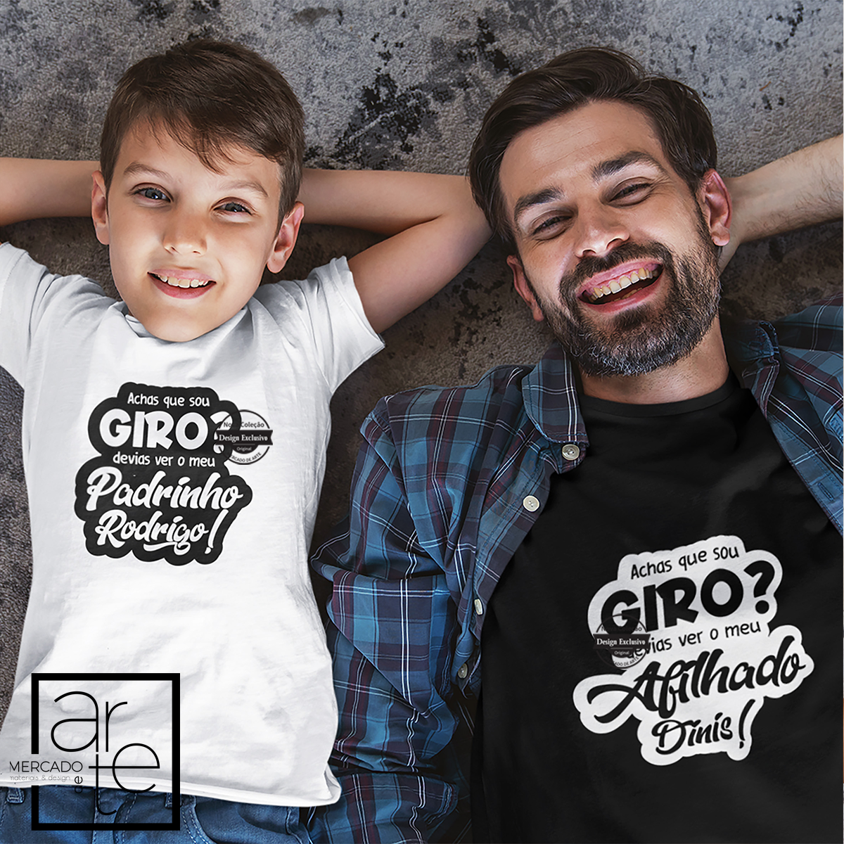 onjunto de t-shirts super giras para padrinho e afilhado. Personalize com a frase que desejar e surpreenda!