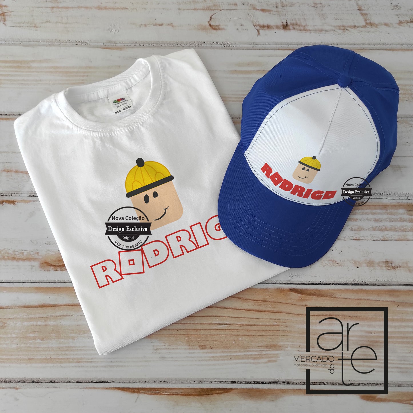 t-shirt e boné personalizáveis com imagem e nome ou pequena frase à escolha